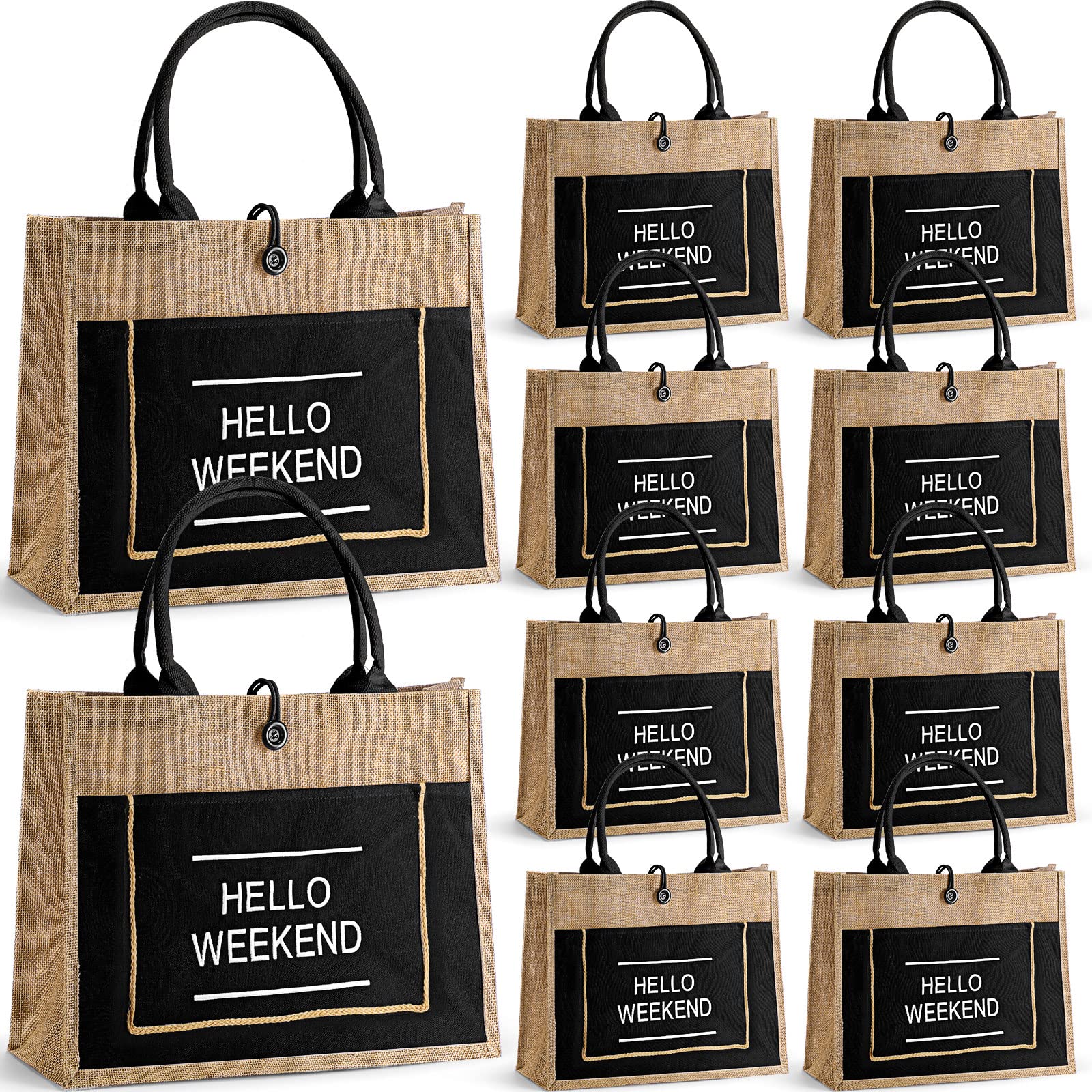 10 Pack Large Burlap Tote Bags with Handles - Eco-Friendly Jute Beach Bags for Travel, Shopping & Weekend Use - Waterproof Reusable Grocery Bags for Beach, Market & Gift Giving