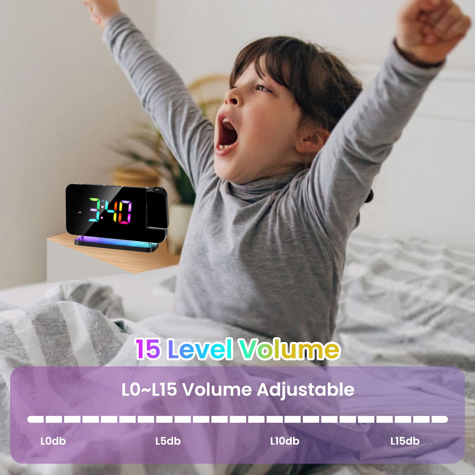 Digital Projection Alarm Clock with 180° Rotatable LED Mirror Display - RGB Night Light, USB Charger, Auto Dimmer, FM Radio & Snooze Function - Perfect for Bedrooms, Home Office & Travel (Black)