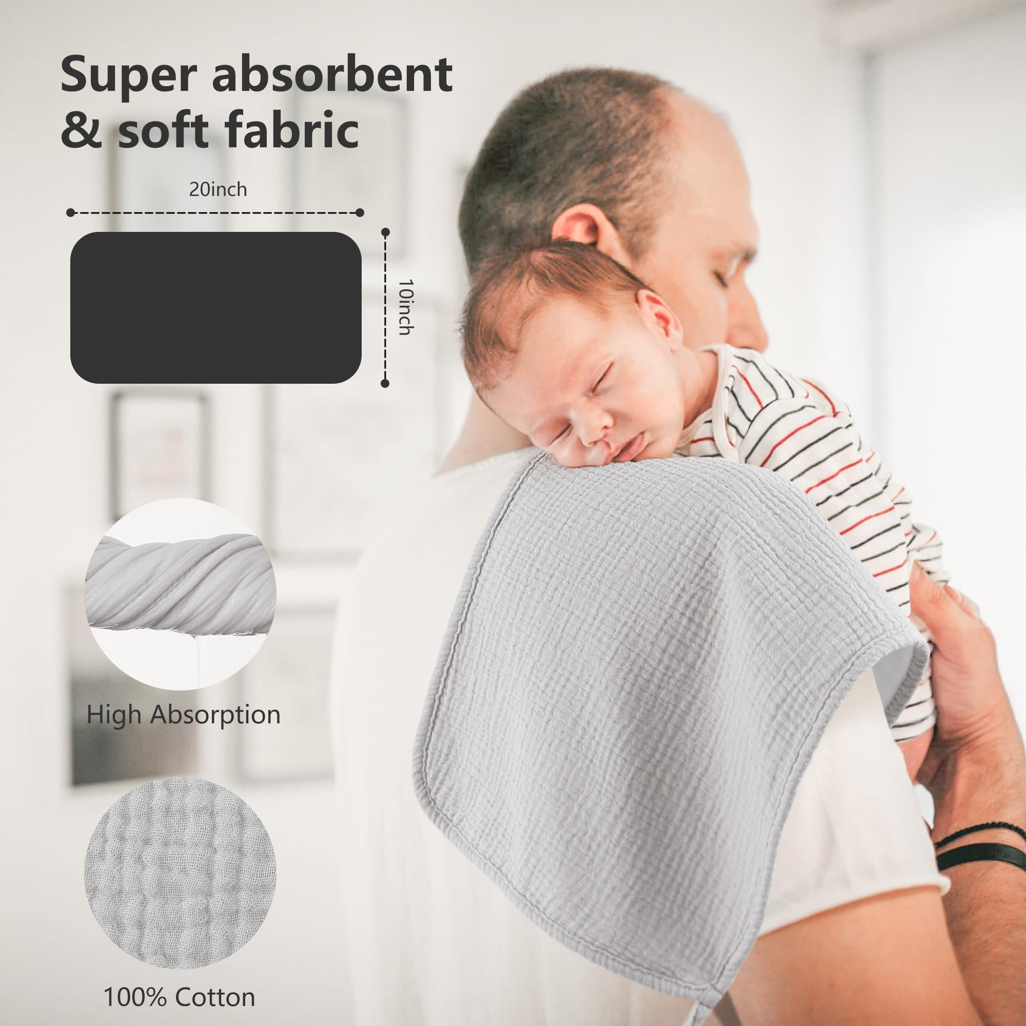 **Bearmoss Muslin Burp Cloths - 100% Cotton Baby Burping Clothes for Newborns (6 Pack, 20x10in) | Ultra Soft & Absorbent for Boys & Girls | Perfect for Feeding, Spit-Up & Messy Moments**