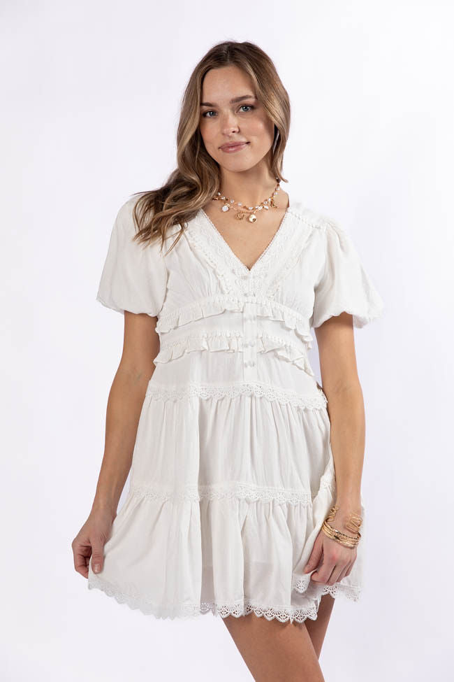 White Ruffle Trim Mini Dress for Women - Elegant Summer Party & Date Night Outfit - Perfect for Beach Vacations, Weddings & Special Occasions