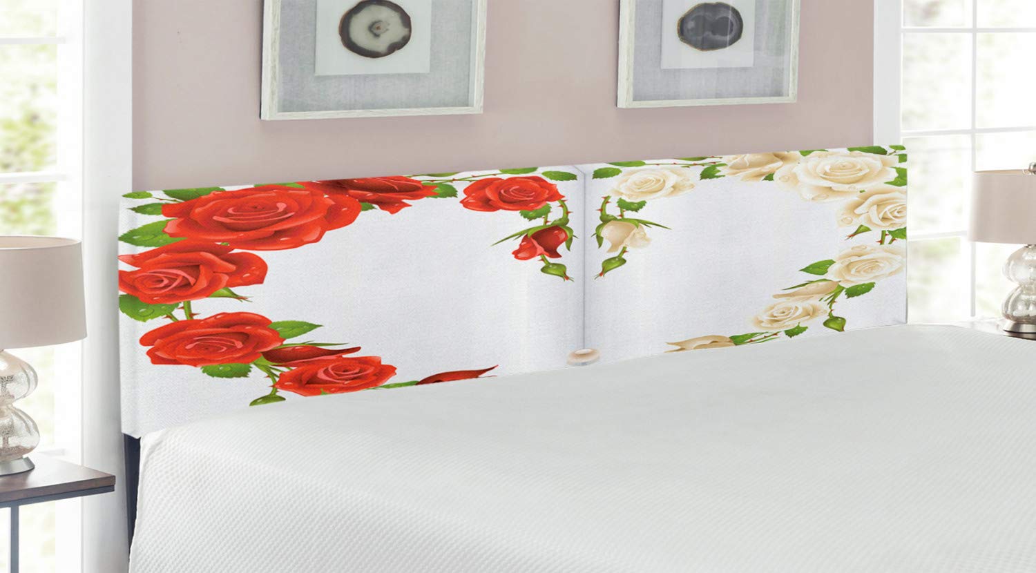 Ambesonne Pearls Upholstered Headboard - Romantic Rose Heart Bouquet Art Print, King Size Metal Bed Frame with Memory Foam (Red, White, Green) | Perfect for Master Bedroom Decor, Wedding Anniversary Gift & Luxury Bedroom Makeover