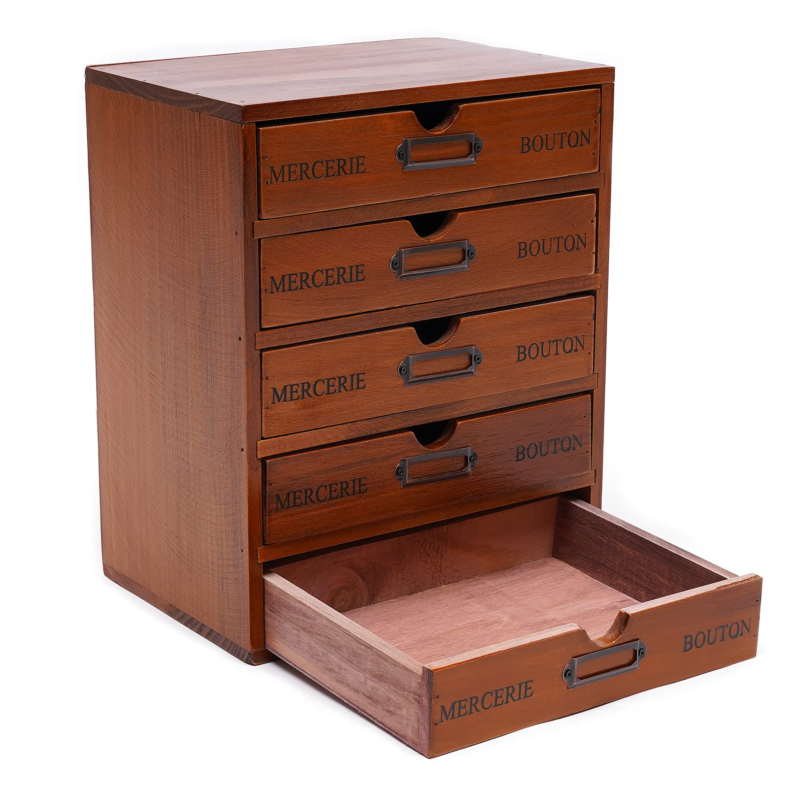 Vintage Wooden Desk Organizer with 5 Wide Storage Drawers - Rustic Multilevel Table Top Shelf for Home Office Organization - Perfect for Pens, Files & Office Supplies