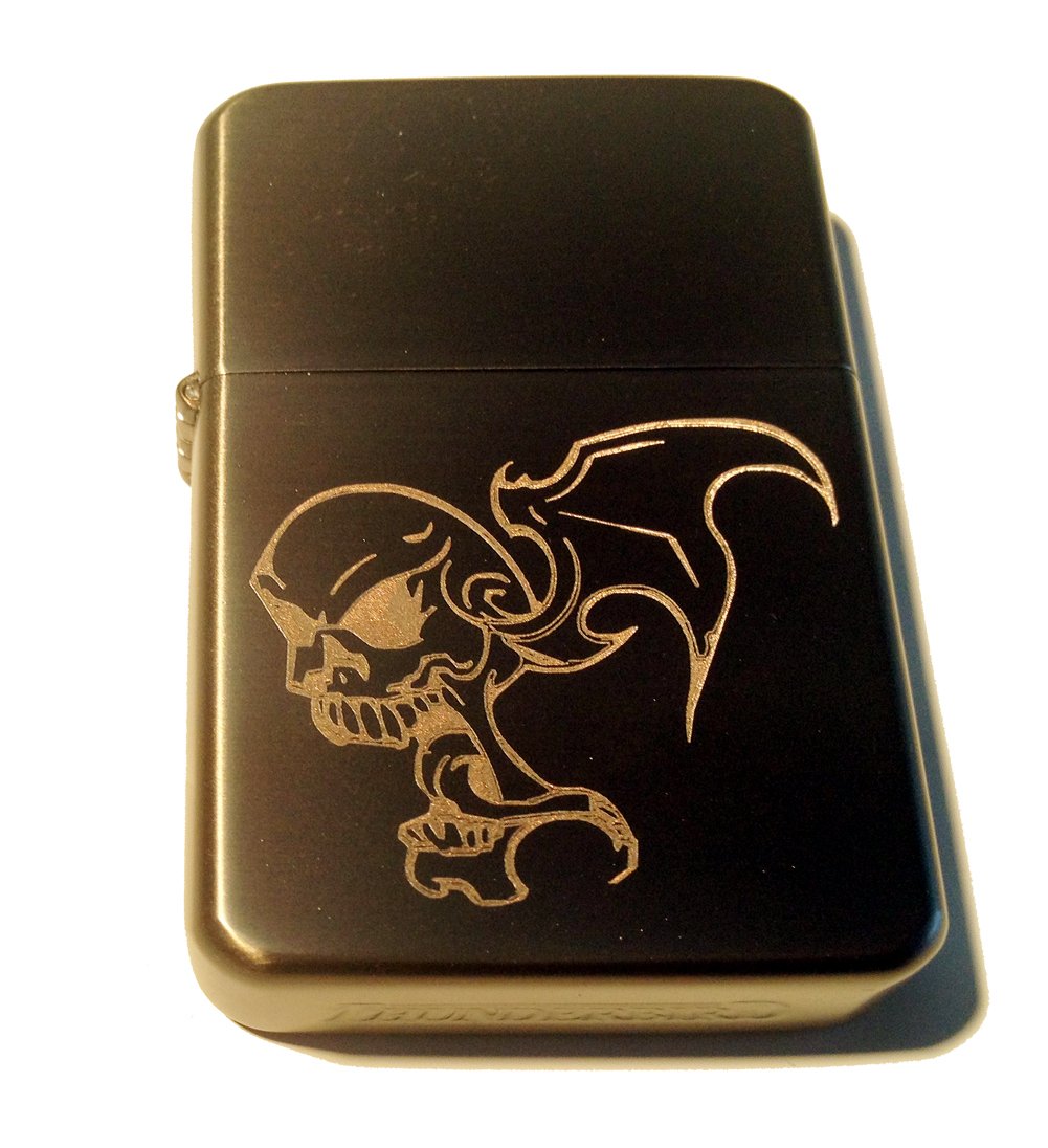 Vector KGM Thunderbird Custom Lighter - Gothic Vampire Bat Skull Psycho Devil Design in Black Gun Metal & Satin Chrome Finish | Rare Collectible Zippo Style Lighter for Horror Fans, Gothic Parties & Unique Gifts