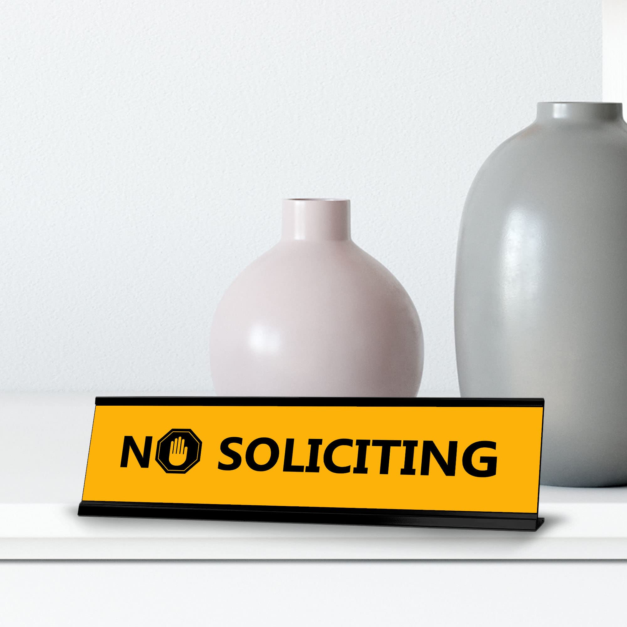 No Soliciting Sign - Black Frame Office Desk Sign (2x8 Inches) - Perfect for Business, Reception, and Home Office Privacy