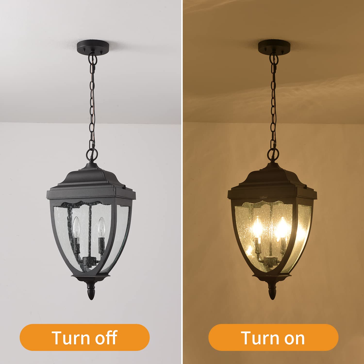 Black Outdoor Pendant Light Fixtures - Exterior Hanging Lantern Chandelier with Seeded Glass for Entryway, Doorway, Farmhouse & Foyer - Perfect for Porch, Patio, and Garden Lighting