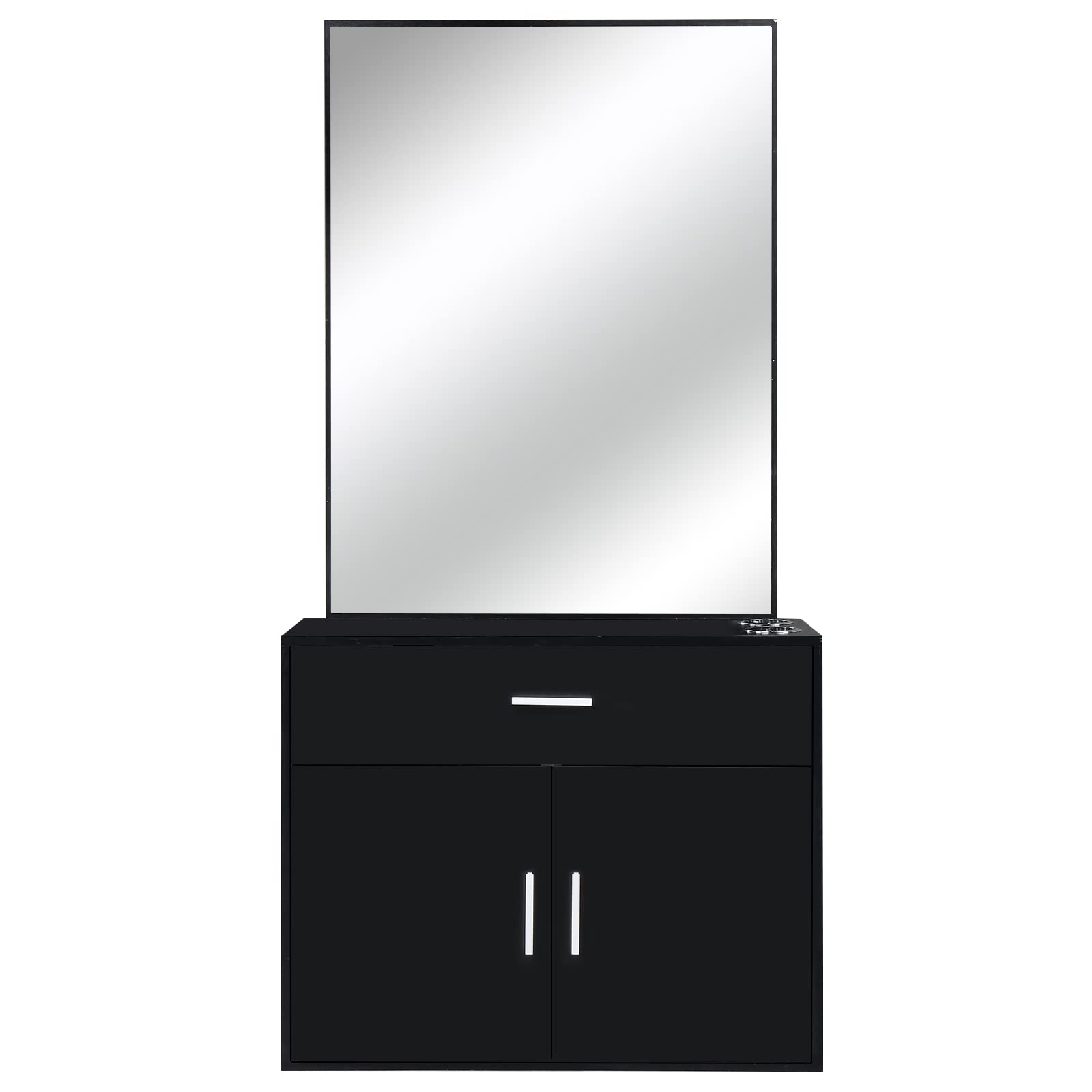 Professional Wall Mount Barber Salon Station - Hair Styling Equipment Set with Mirror, 2 Hair Dryer Holders, Drawer & Door - Beauty Spa Furniture for Barbershops & Home Salons (Black) | Perfect for Small Spaces & Professional Styling Areas