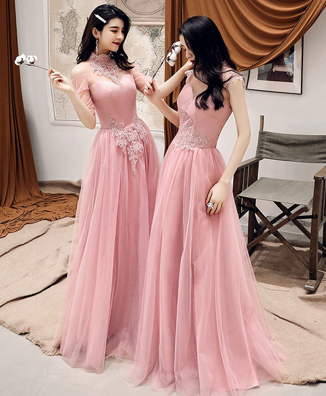 Elegant Pink Tulle Lace Long Prom Dress & Bridesmaid Gown - Perfect for Formal Dances, Weddings & Special Occasions