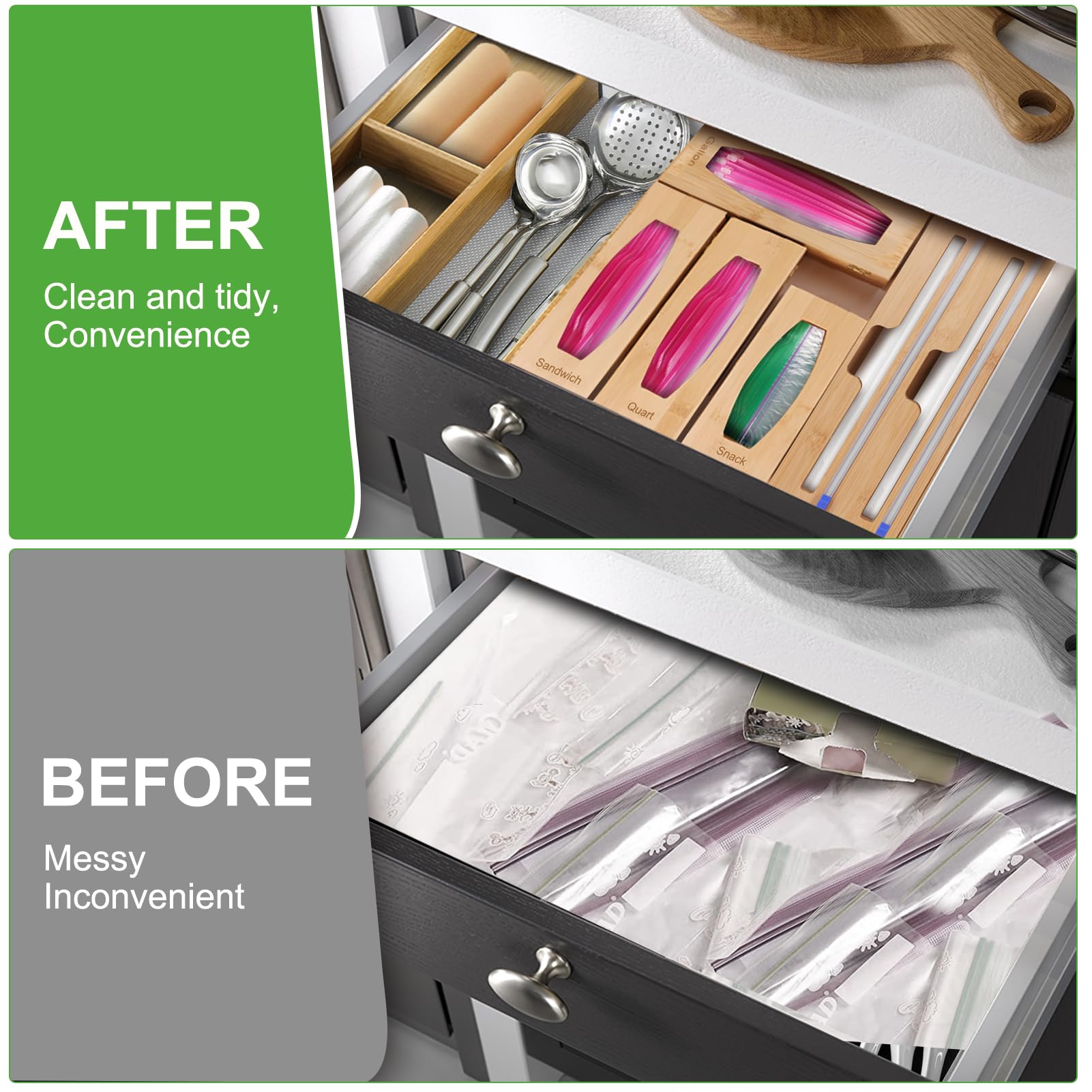 Bamboo Kitchen Drawer Organizer with Foil & Plastic Wrap Storage - Gallon, Quart, Sandwich & Snack Bags Organizer for Pantry, Fridge & Meal Prep
