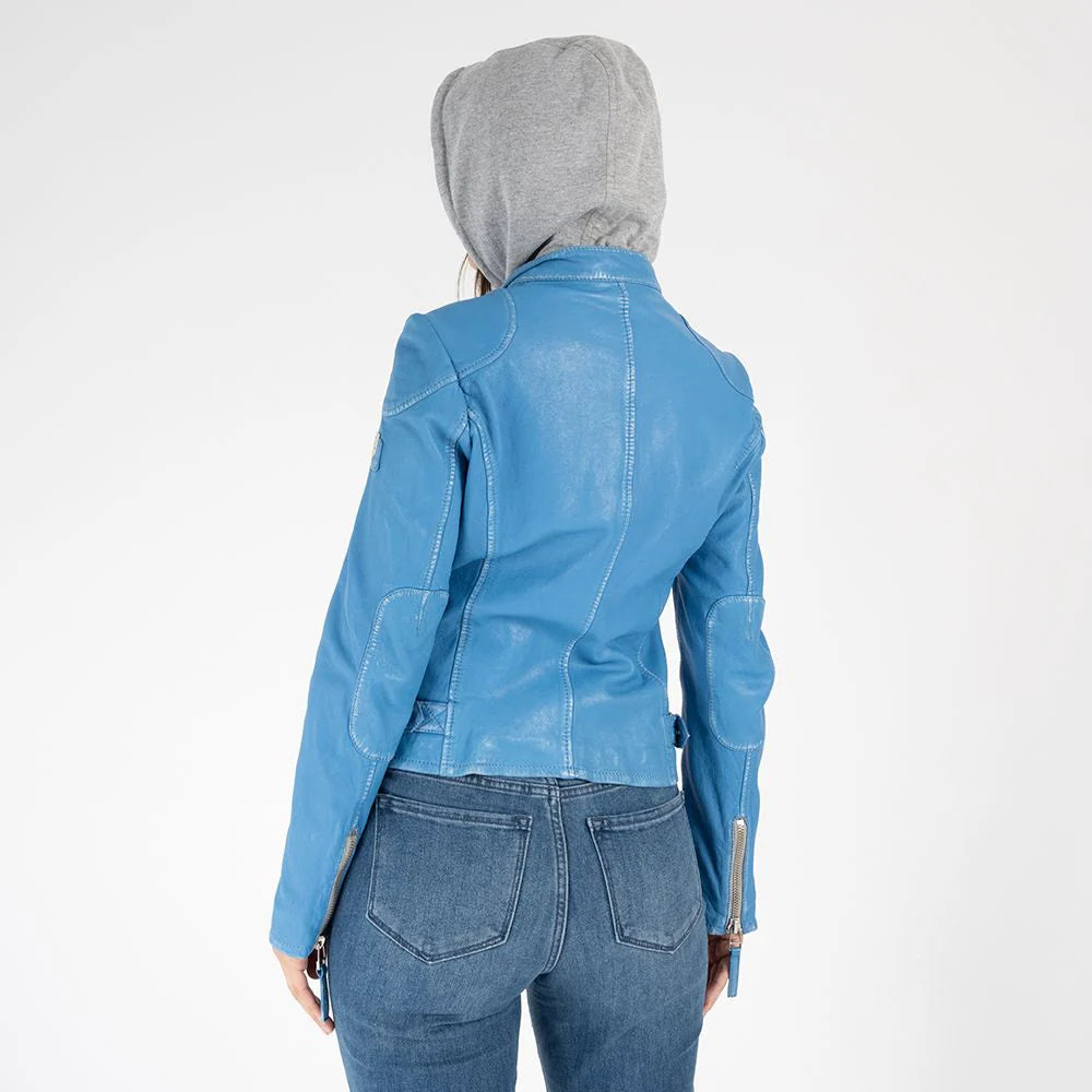 Finja Hooded Leather Jacket for Men & Women | Blue Lagoon Color | Premium Genuine Leather | Stylish Biker Jacket for Casual Outings & Motorcycle Rides