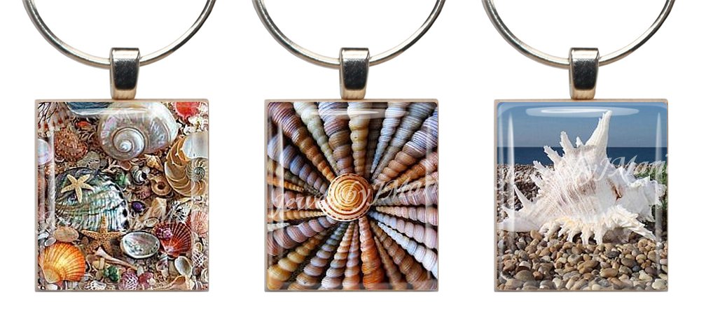 SEA SHELLS Scrabble Tile Wine Glass Charms - Set of 3 Stemware Markers for Parties, Weddings & Beach Themed Events - Unique Glass Pendants & Drink Identifiers