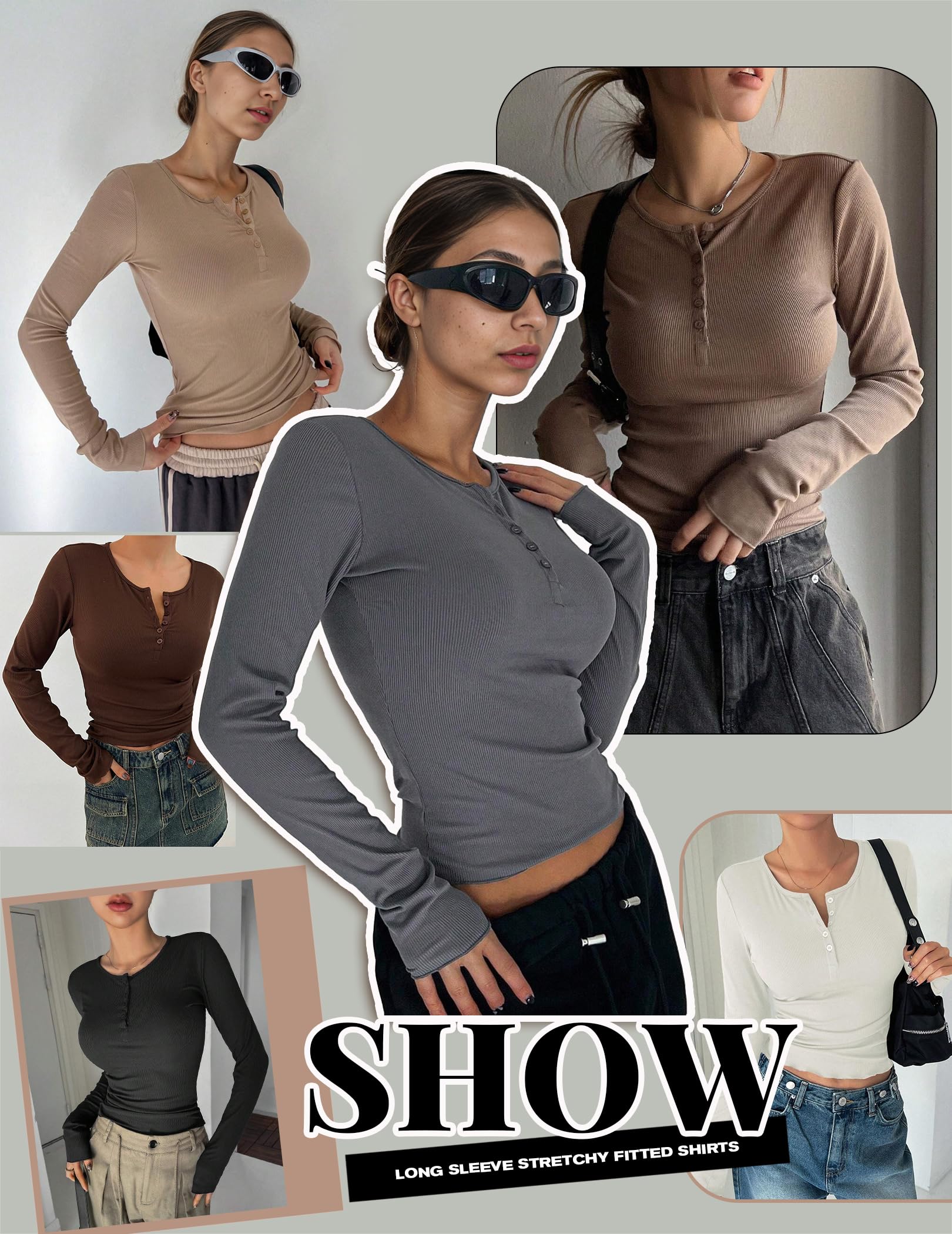 Ekouaer Women's Long Sleeve Henley Shirts Button Ribbed Knit Tops - Slim Fit Soft Thermal Underwear for Layering | Casual Wear, Workout, Winter Base Layer