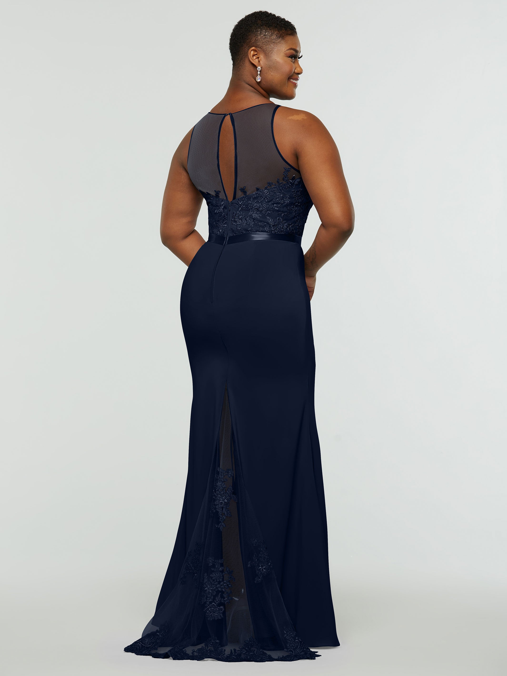 Elegant 80095 Stretch Chiffon Fit and Flare Bridesmaid Dress with Lace Illusion Bodice - Perfect for Weddings, Formal Events & Special Occasions