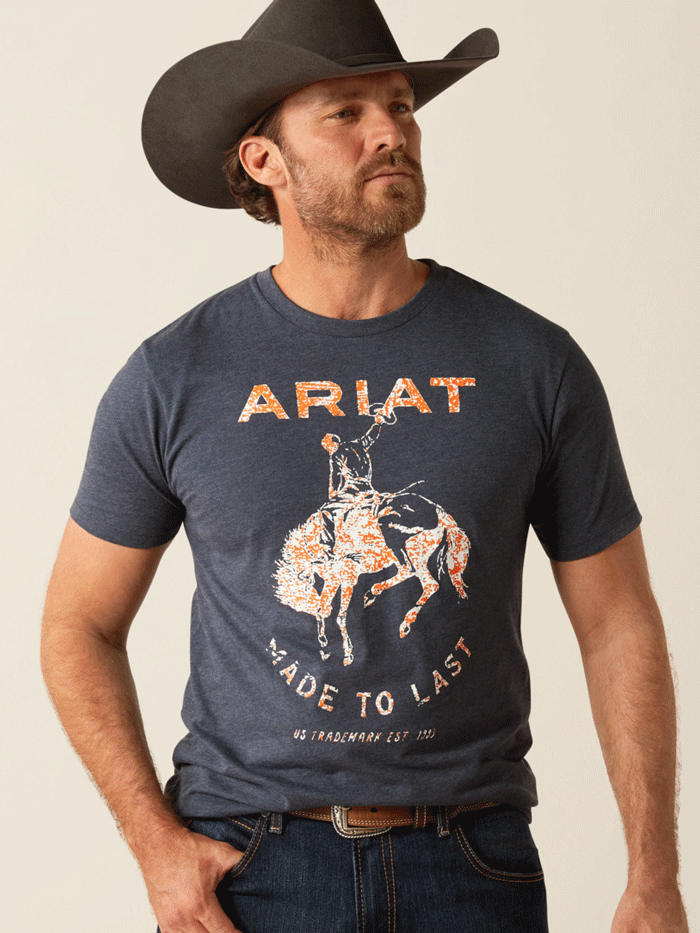Ariat Men's Made to Last Bronco T-Shirt - Comfortable Cotton Tee for Casual Wear & Outdoor Activities - Navy Heather
