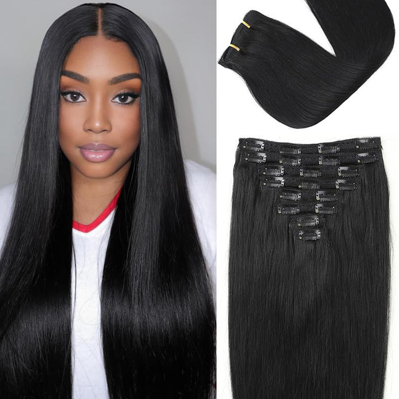 Eullair 8-Piece Silky Straight Clip-in Human Hair Extensions for Black Women - Virgin Kinky Hair, Natural Black Color, 120g Double Weft with 20 Clips | Perfect for Styling, Volume Boost & Everyday Wear