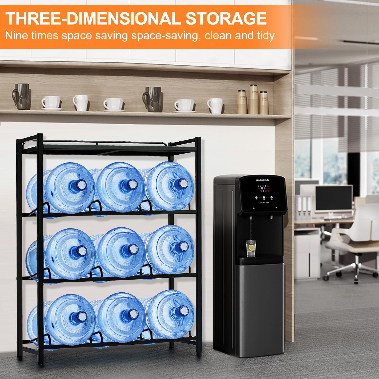 5 Gallon Water Bottle Jug Holder - 4 Tier Heavy Duty Cooler Storage Rack with Top Shelf Organizer | Space Saving Solution for Home, Office & Breakroom | Perfect for Water Dispensers, Pantry Organization & Commercial Use (Black)