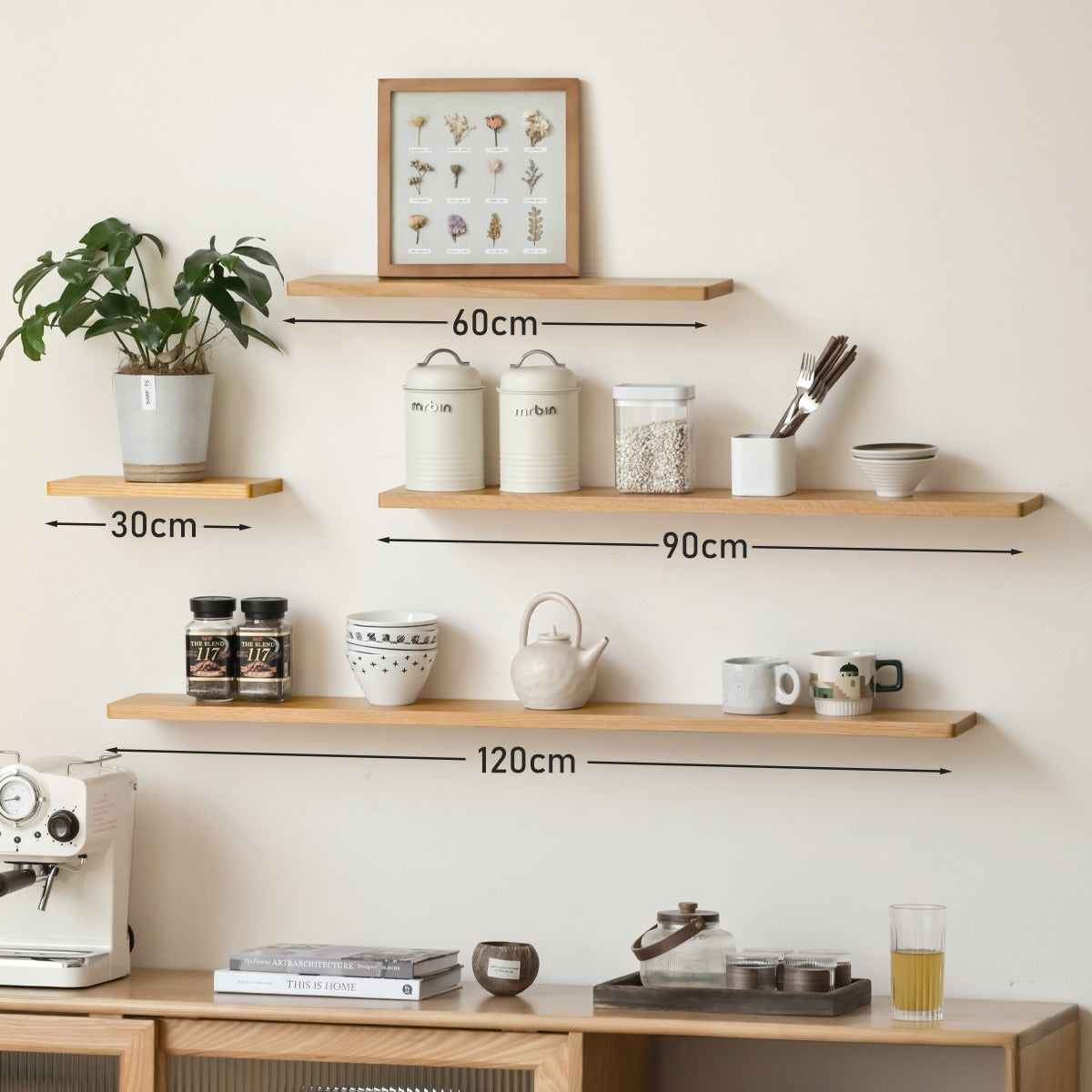 Solid Oak and Black Walnut Wood Wall Shelf - Handcrafted Rustic Floating Shelves for Living Room, Kitchen, Bathroom Decor | Durable Natural Wood Storage Solution for Home Organization