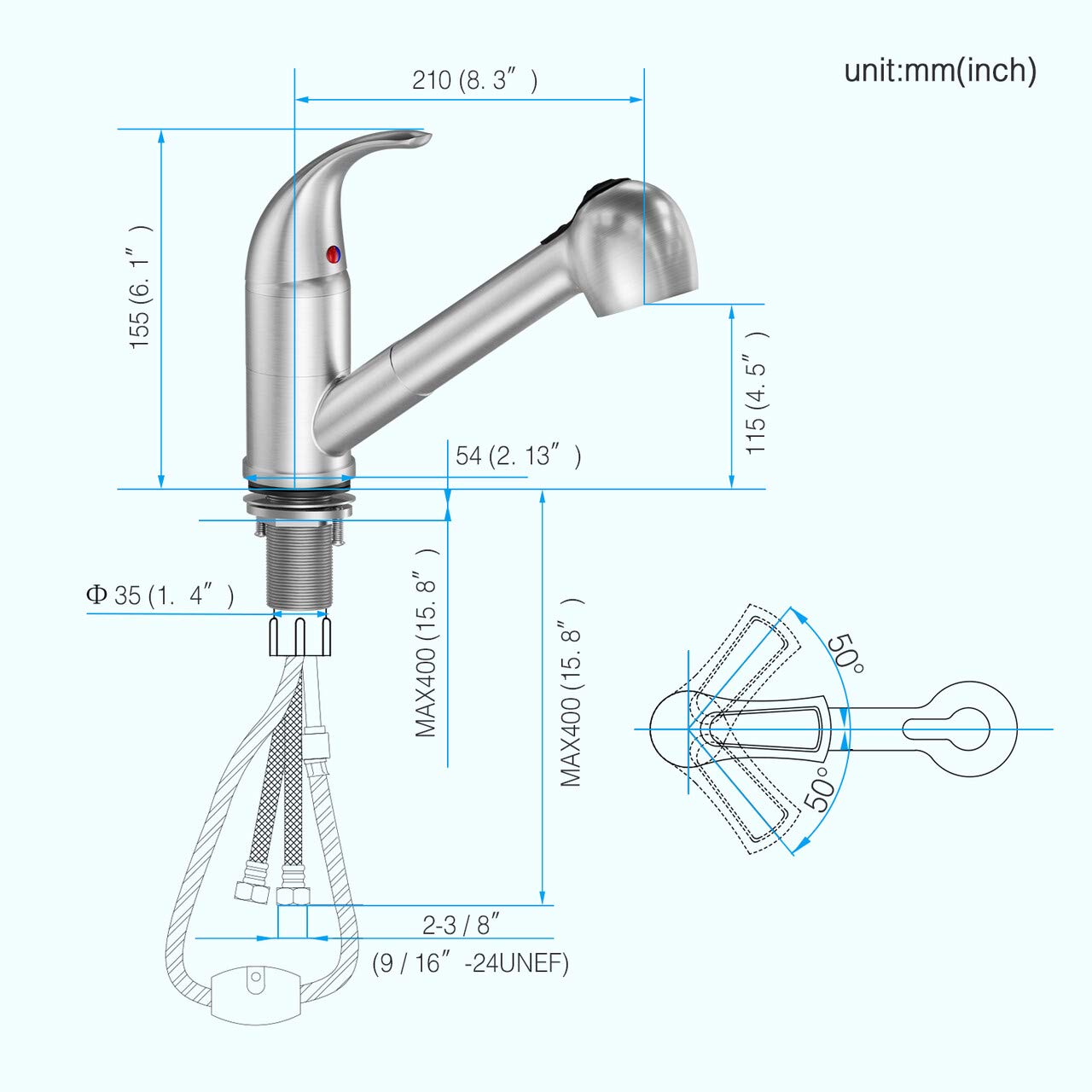 LEPO Single Handle Pull Out Kitchen Faucet - Brushed Nickel Stainless Steel Low Arch Design with Pull Down Sprayer - Perfect for RV, Bar, and Utility Sink Applications