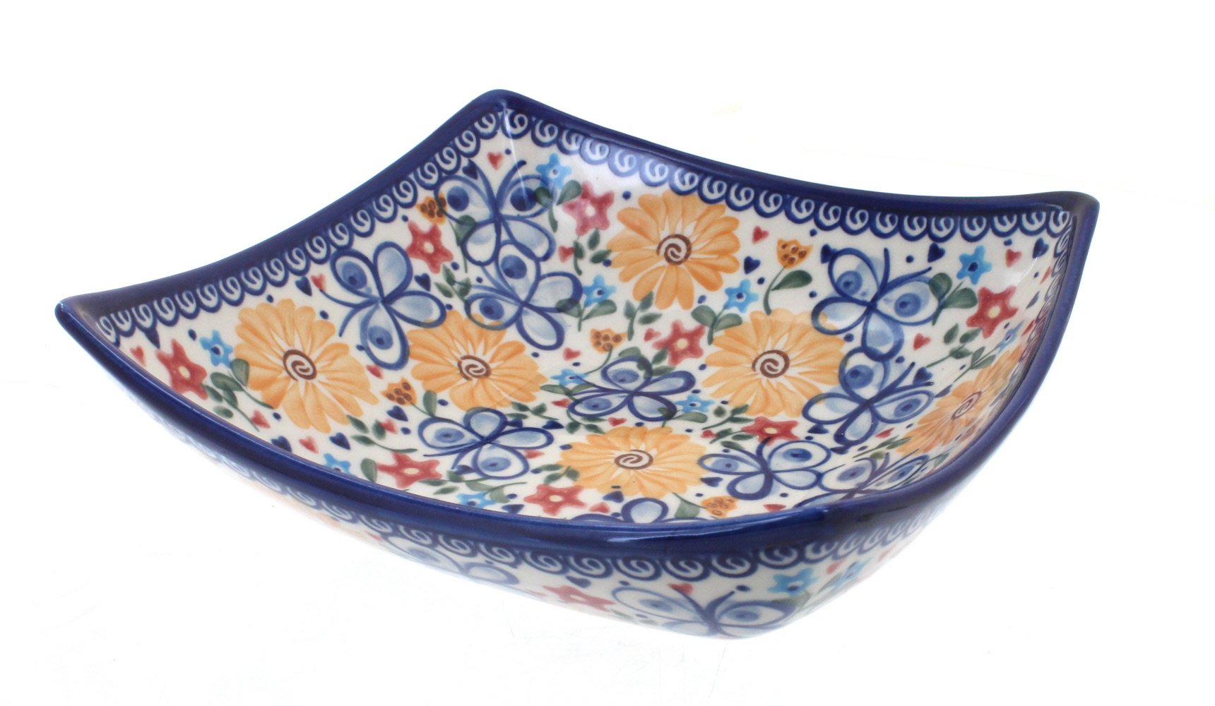 Handmade Blue Rose Polish Pottery Butterfly Square Serving Dish - Elegant Decorative Appetizer Plate for Dinner Parties, Tea Time & Home Decor
