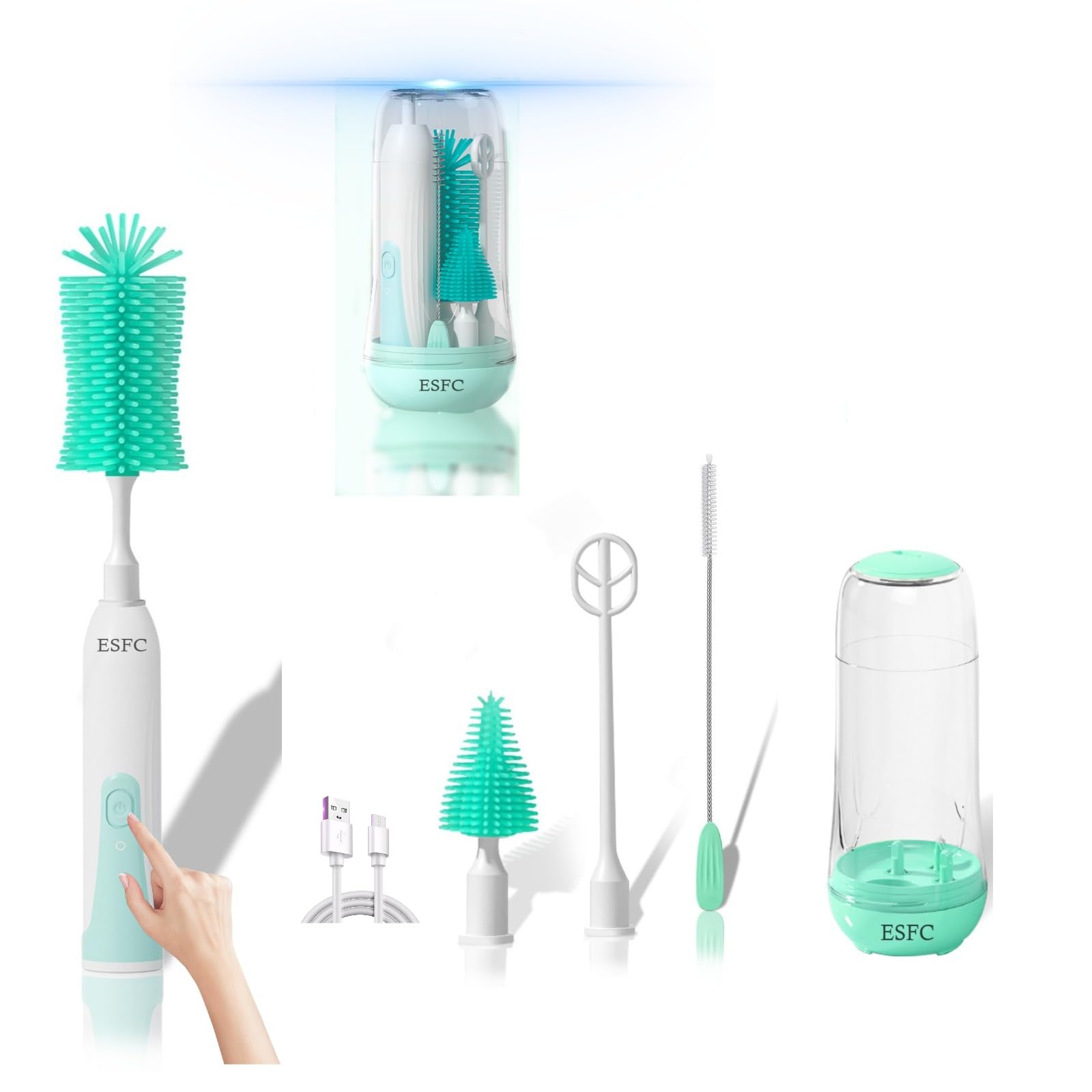 Electric Baby Bottle Brush Cleaner Kit - Automatic Rechargeable Bottle Brush with Nipple & Straw Cleaner, Electric Stirrer & Drying Rack - Waterproof Travel Cleaning Set for Infants (Green) - Perfect for Home, Travel & Daycare Use