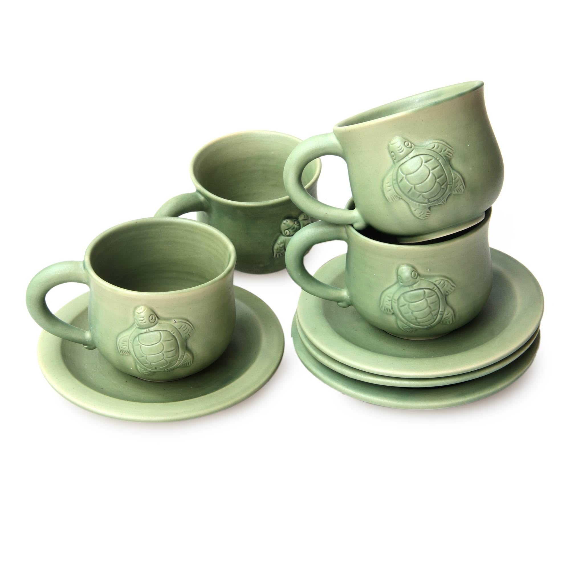 NOVICA Handmade Ceramic Cup and Saucer Set - 4 Piece Green Indonesian Tableware, Dinnerware, Mugs with Hemlock Limpet Shell & Turtle Design - Good Luck Tropical Decor (2.8