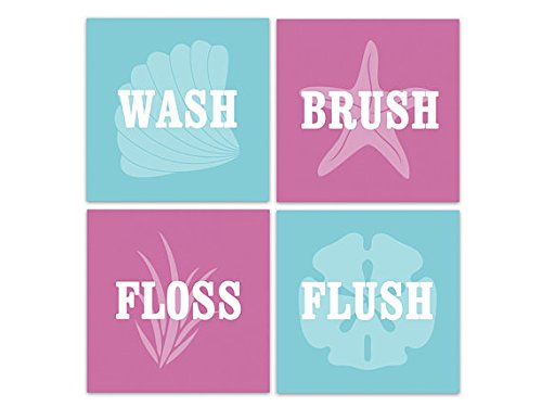 Aqua & Pink Mermaid Bathroom Decor Canvas - 12x12 Inch Wall Art for Bathroom, Floss Brush Flush Sign, Perfect for Coastal, Beach, Nautical Themed Bathroom Decor - Ideal for Home, Spa, Kids Room Decor