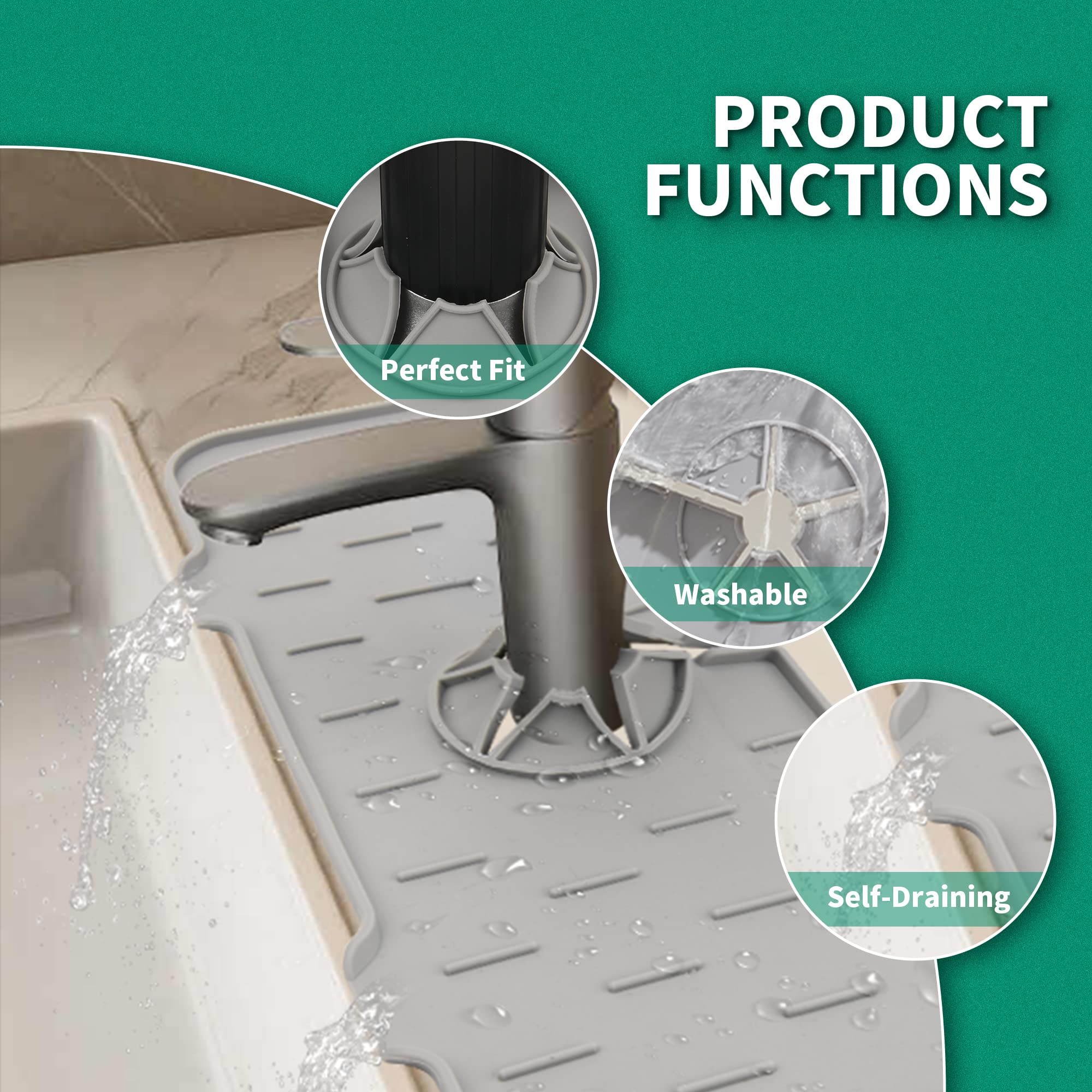 SILATU Silicone Faucet Mat 2-Pack - Non-Slip Kitchen Sink Splash Guard & Drip Catcher, Water Absorbent Drying Mat for Countertop Protection (Grey & Black) | Perfect for Kitchen & Bathroom Sink Areas to Prevent Water Spills & Stains