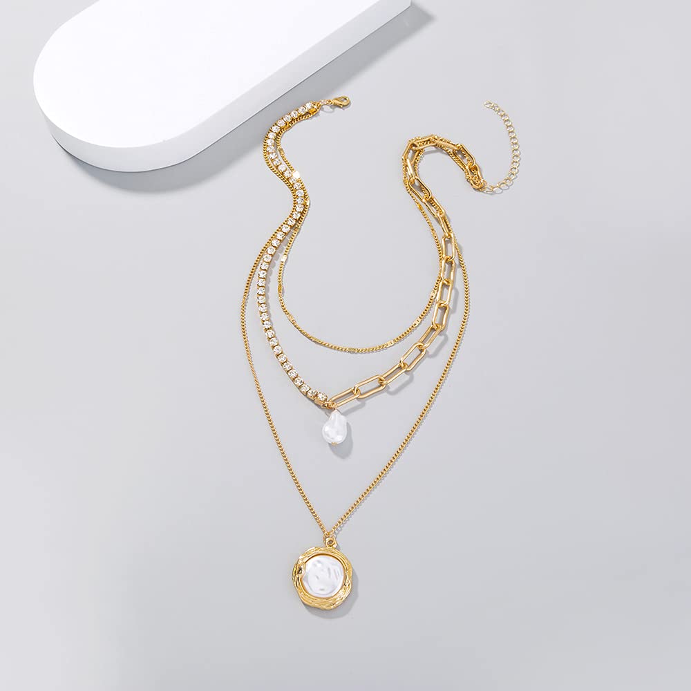 Vintage Layered Long Choker Necklace for Women - Pearl Pendant & Chunky Link Tennis Chain, Retro Fashion Jewelry | Perfect for Parties, Weddings, and Everyday Elegance