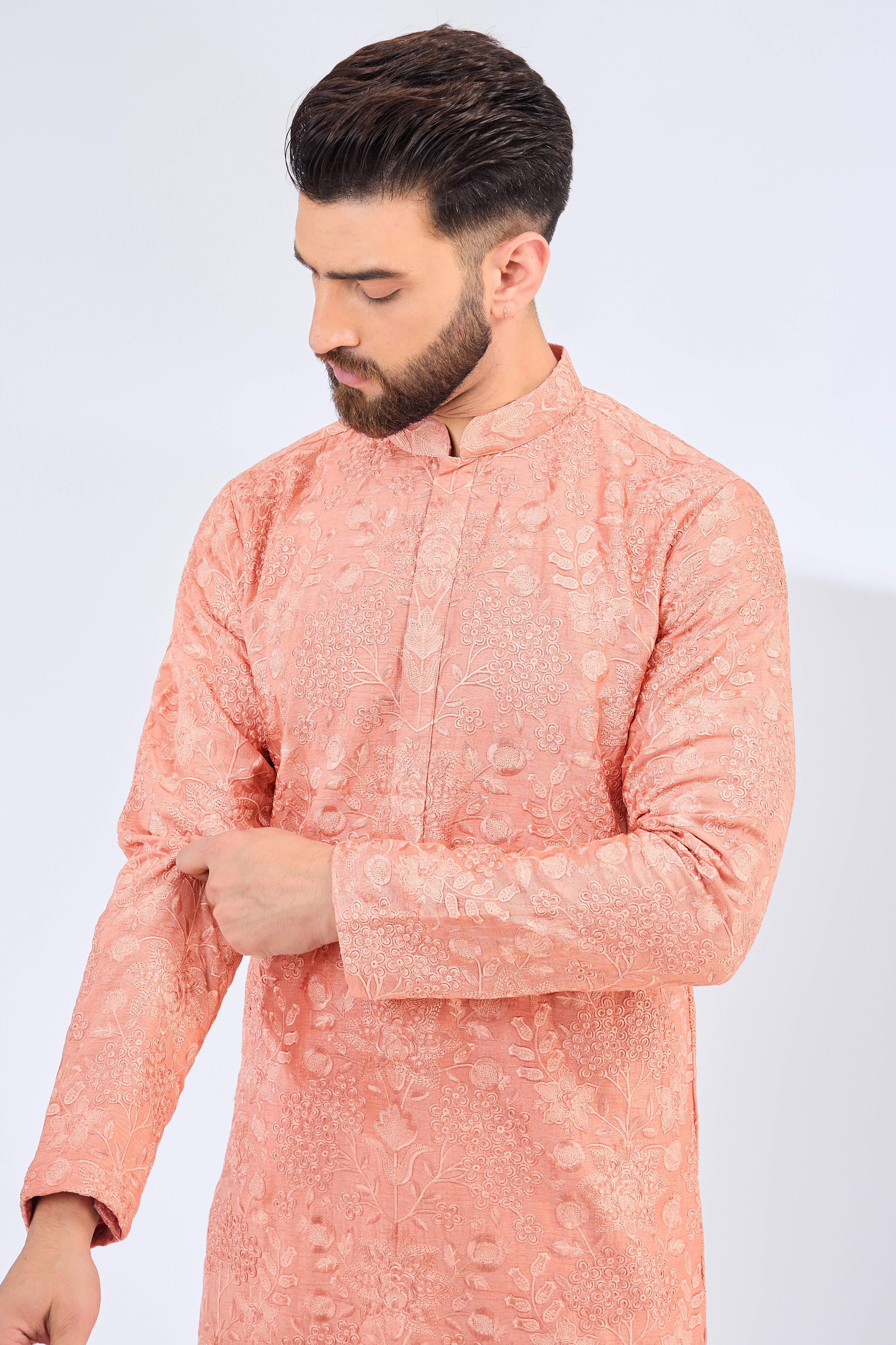 Stylish Peach Floral Thread Work Kurta for Women - Perfect for Festivals, Parties & Casual Wear