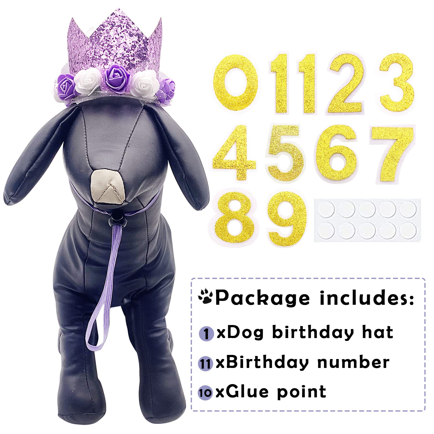 Purple Crown Dog Birthday Party Hat for Pets - Reusable Cat & Kitten Headband with 0-9 Number Charms - Pet Costume Accessories for Birthday Celebrations, Photo Shoots & Dress-Up Parties