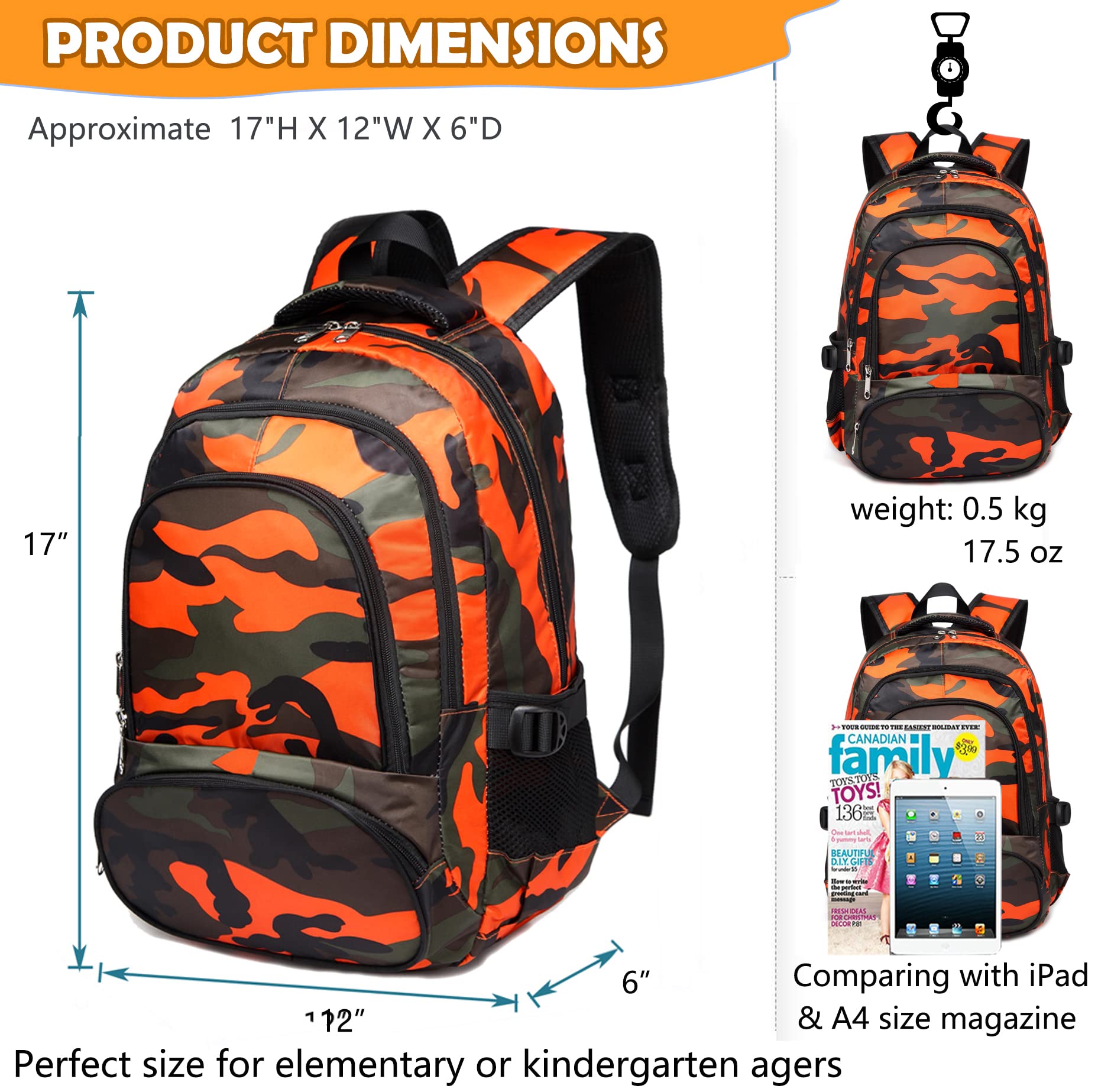 BLUEFAIRY Kids Backpack for Boys 6-10 Years - 17 Inch Camouflage Orange School Bookbag for Elementary Students | Durable Backpack for School, Travel & Outdoor Adventures