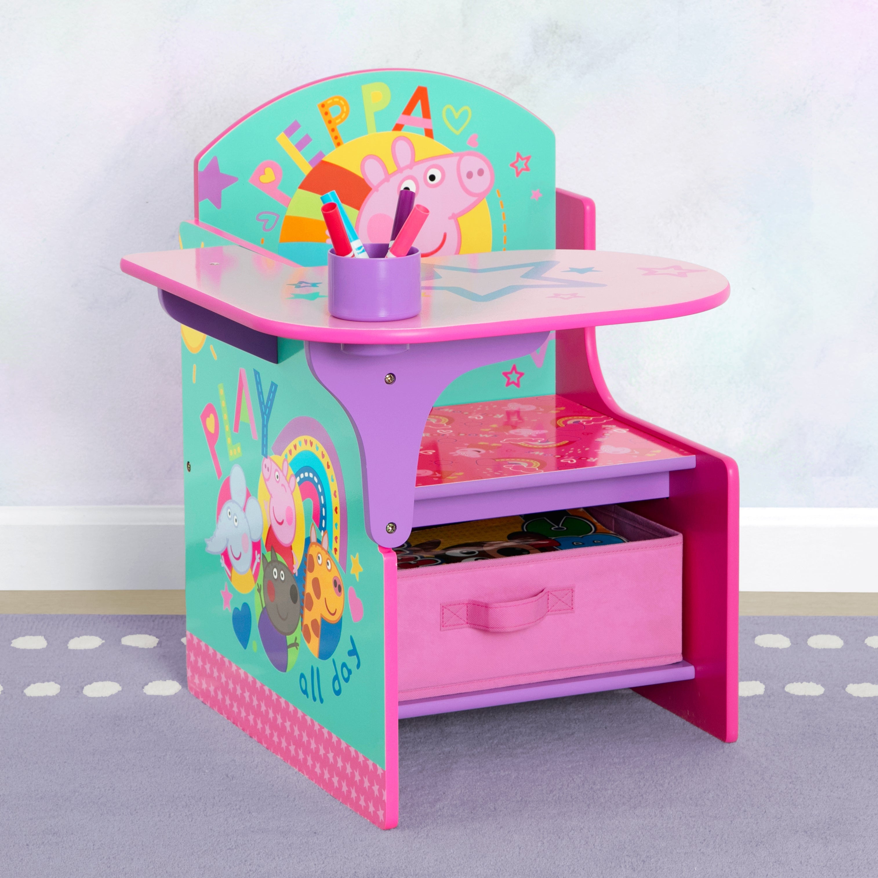 Peppa Pig Big Adventures Kids Chair Desk with Storage Bin - Study & Play Furniture for Toddlers & Preschoolers - Perfect for Bedroom, Playroom or Homeschooling