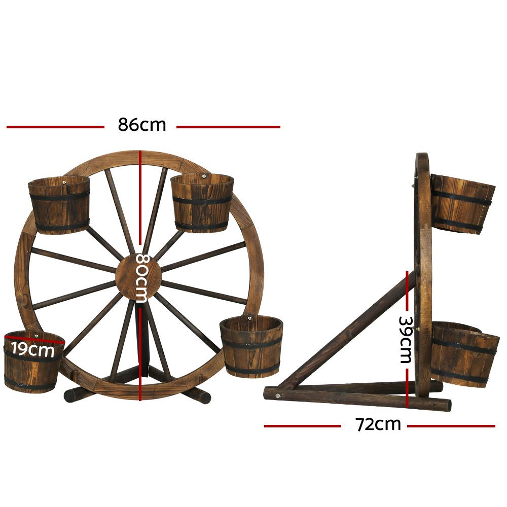 80cm Wooden Wagon Wheel Plant Stand - Rustic Garden Decor for Outdoor Plants | Perfect for Patio, Yard & Farmhouse Style Landscaping