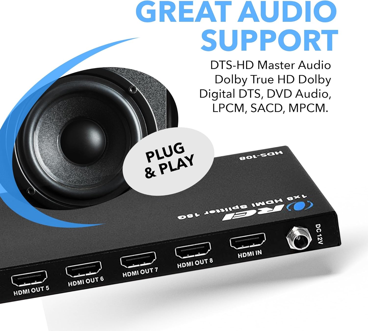 1x8 HDMI Splitter 4K@30Hz Powered - Supports 3D, Full HD 1080P, HDR - HDS 108 Model - Ideal for Home Theater, Gaming & Multi-Screen Presentations