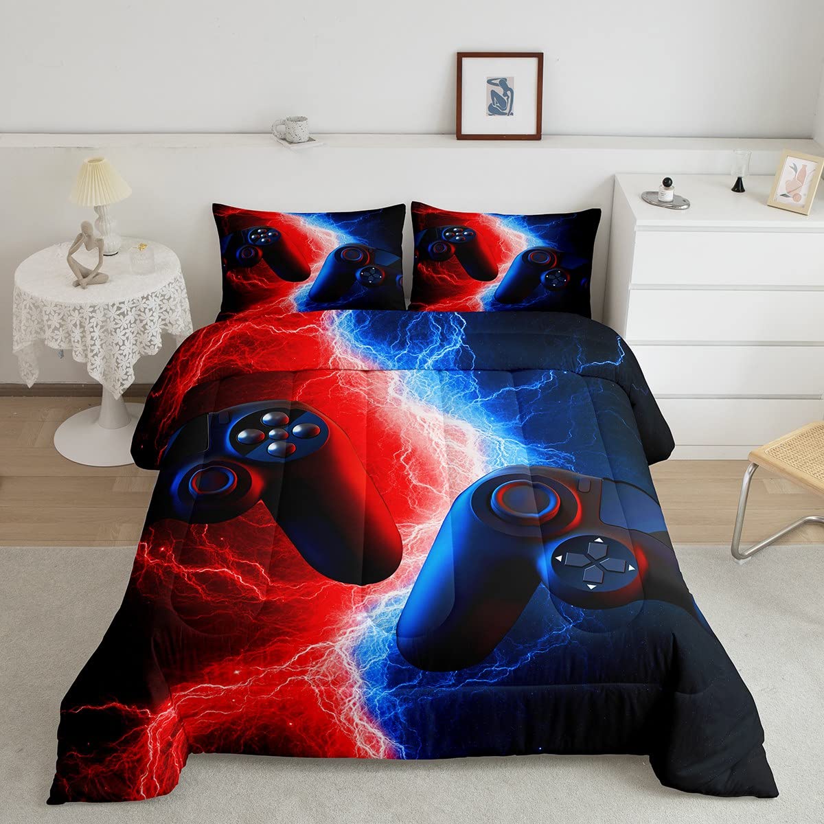 Erosebridal Full Bedding Set - Gaming Comforter Set for Boys & Kids | Red & Blue Video Game Themed Bedding | Perfect for Teen Gamer Rooms, Toddler Beds & Sleepovers