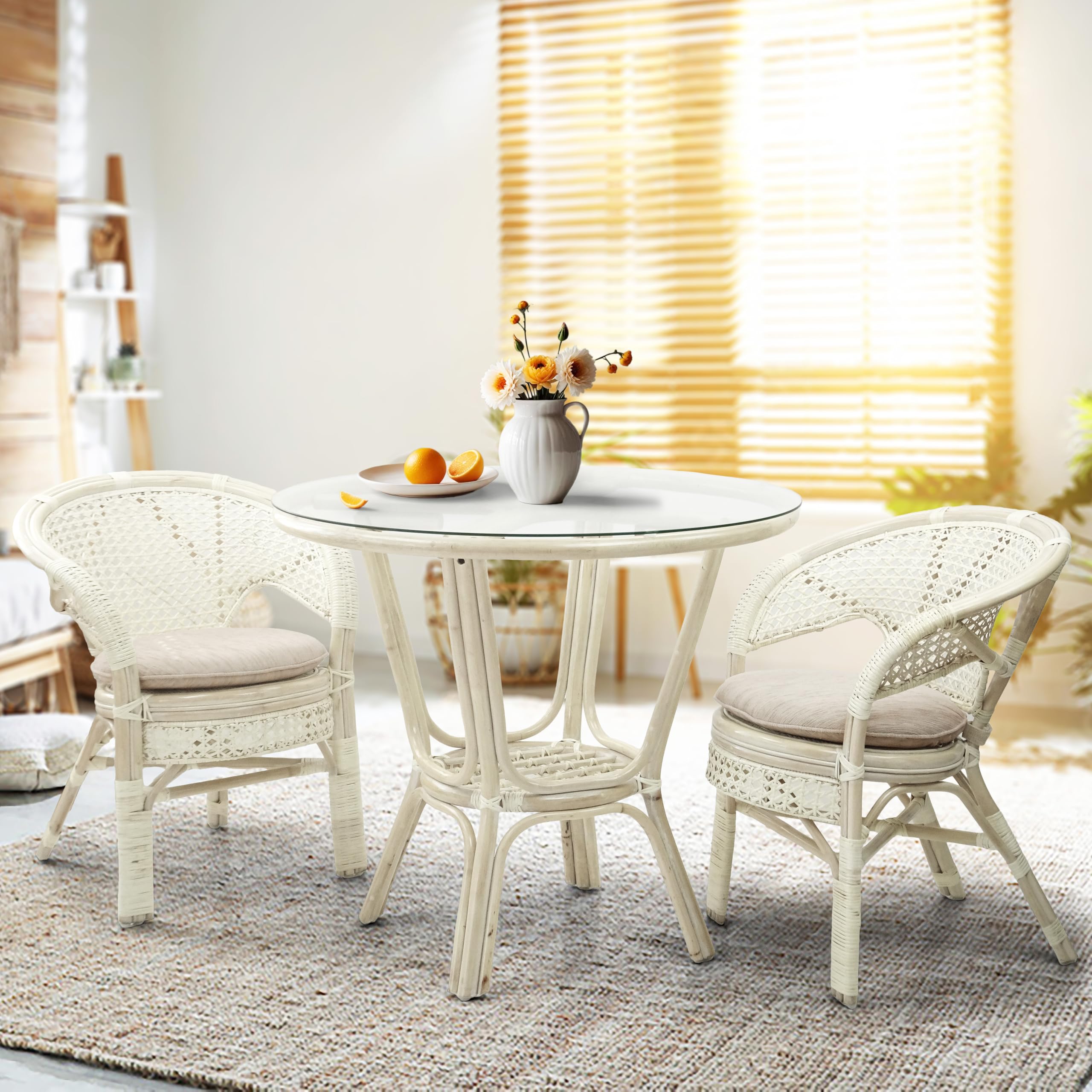 Whitewashed Rattan Wicker Round Dining Table with Tempered Glass Top - Natural Boho Style for Patio, Garden, or Indoor Dining Room Decor