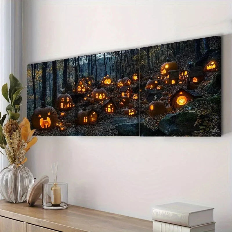 3-Piece Pumpkin Village in Forest Wall Art Set - Framed Canvas 50x70cm | High Quality Print | Australian Made | Ready to Hang | Perfect for Living Room, Bedroom & Office Decor
