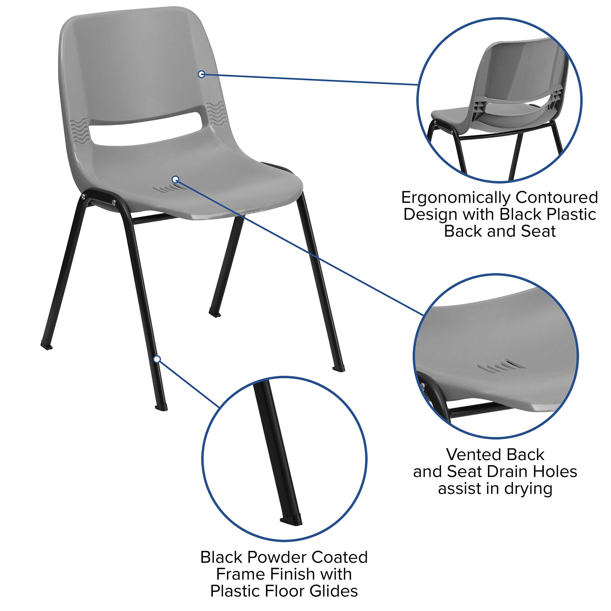 Emma & Oliver Gray Ergonomic Shell Stackable Student Chair - Comfortable Classroom & Office Guest Chair for Schools, Libraries, and Conference Rooms