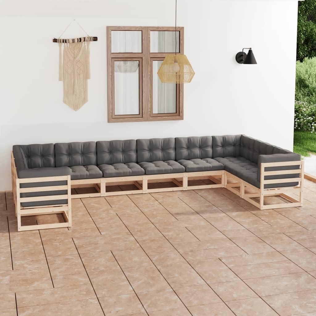 vidaXL Solid Pinewood Patio Lounge Set with Cushions, Gray - 10-Piece Comfortable Outdoor Furniture Set for Garden, Deck, Poolside & Backyard Relaxation