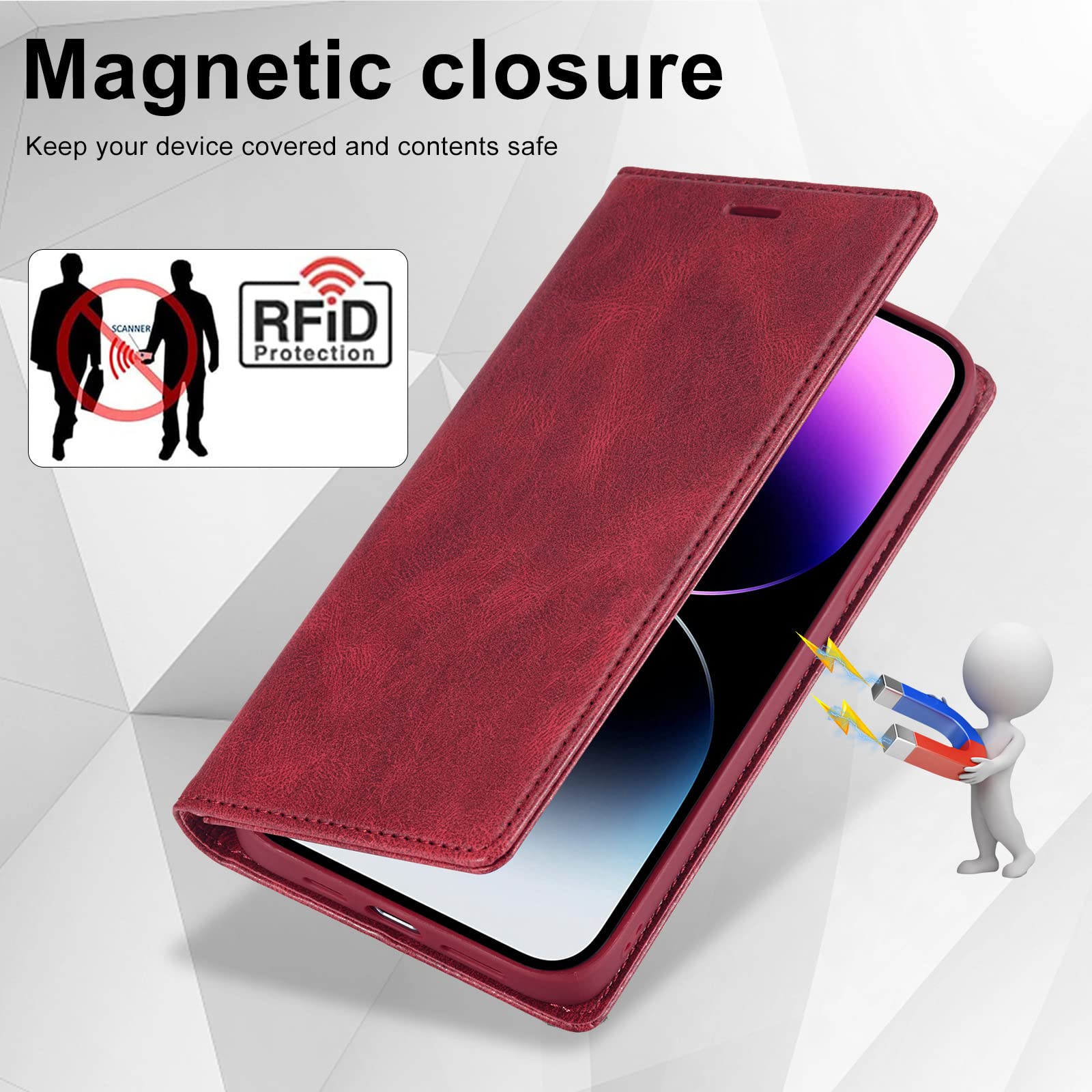 Premium Leather JabrOn Wallet Case for iPhone 14/14 Plus/14 Pro/14 Pro Max - Magnetic Flip Cover with Card Holder, Kickstand & TPU Protection (Red) - Perfect for Business, Travel & Everyday Use