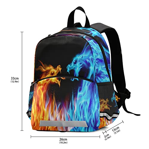 Fiery Dragons Toddler Backpack with Safety Leash - Blue & Red Kids School Bag for Boys & Girls | Preschool, Kindergarten, Travel & Nursery Essentials with Reflective Stripes & Chest Clip