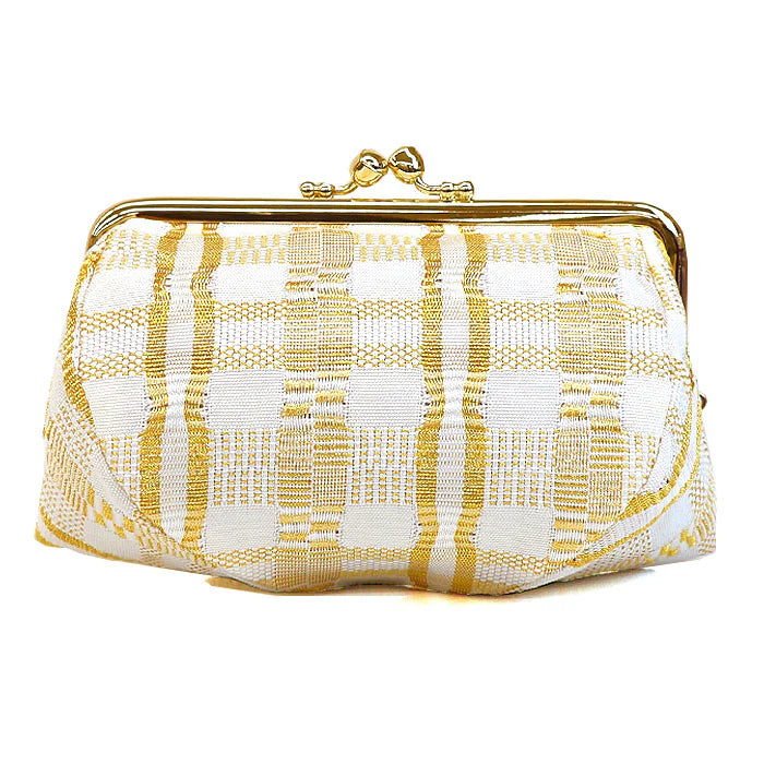 Nishijin Ori Small Pouch - Japanese Kyoto Gold Lattice Pattern Cosmetic & Makeup Bag | Gamaguchi Pouch for Travel Toiletry, Stationery & Bag Organizer | Perfect for Daily Use, Gift Giving & Japanese Culture Enthusiasts