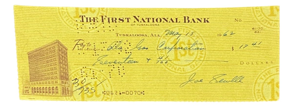Joe Sewell Cleveland Autographed Bank Check - Signed May 15, 1962 - Authentic Sports Memorabilia for Collectors and Fans - Perfect for Framing and Display in Home or Office
