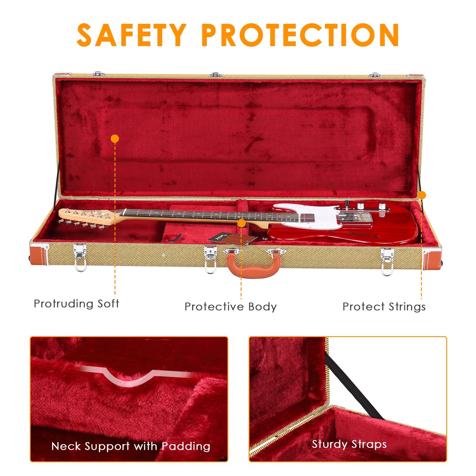 Ktaxon 39-Inch Electric Guitar Hard Case - Wooden Hard-Shell Protective Case with Lock Latch & Padding for KST/KTL/170 Models (Yellow) | Durable Travel & Storage Solution for Musicians
