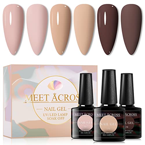 MEET ACROSS 3 Colors Gel Nail Polish Set - Pink, Nude & Purple Soak Off UV LED Lamp Nail Polish Kit with Base & Top Coat | Professional Salon Quality Manicure Starter Set for Nail Art Design | Perfect for Home Use, DIY Manicures & Professional Salon Services (Gift Box Included)