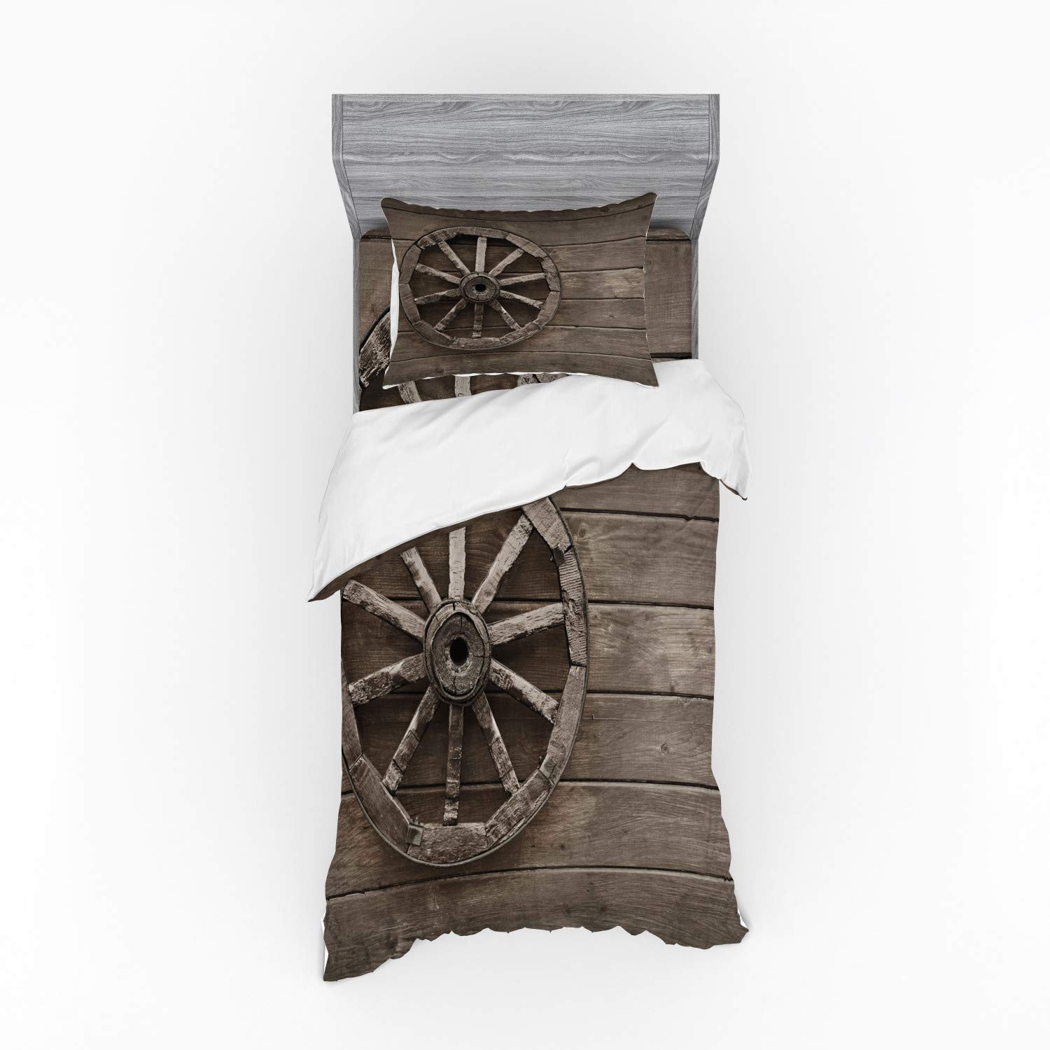 Ambesonne Vintage Barn Wood Wagon Wheel 3-Piece Bedding Set - Twin Size Duvet Cover with Sham & Fitted Sheet in Umber Brown | Western Farmhouse Decor for Rustic Bedroom, Guest Room or Cabin Retreat