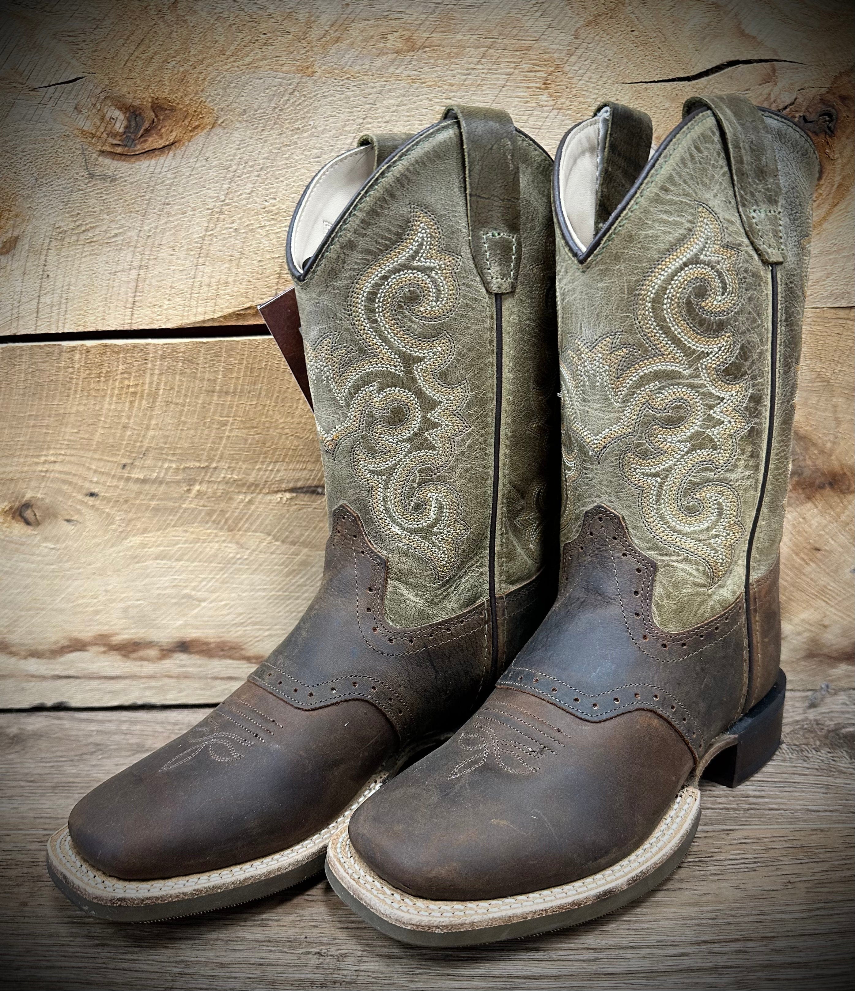 Old West Brown & Olive Square Toe Cowboy Boots for Men - Western Style Leather Work Boots for Riding, Hiking & Outdoor Adventures