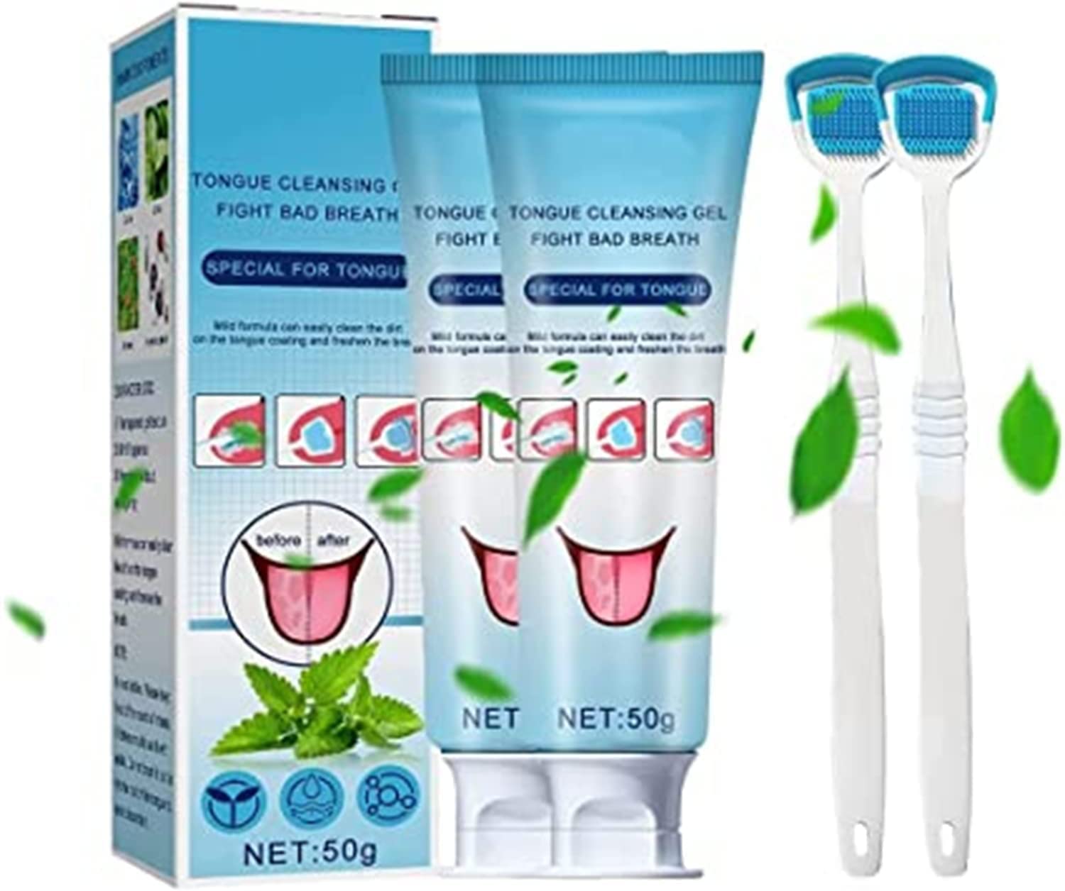 **Tongue Cleaner Scraper & Brush Kit with Fresh Breath Gel - Oral Care for Adults, Removes Bad Breath & Tongue Coating, 50g (2pcs) - Perfect for Daily Hygiene & Travel Use**