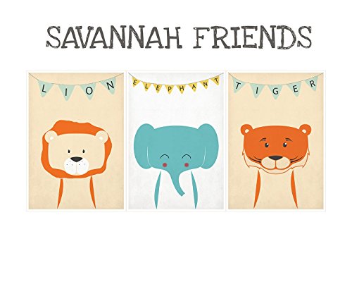Retro Savannah Animal Prints - Lion, Tiger, Elephant Nursery Decor for Kids' Room