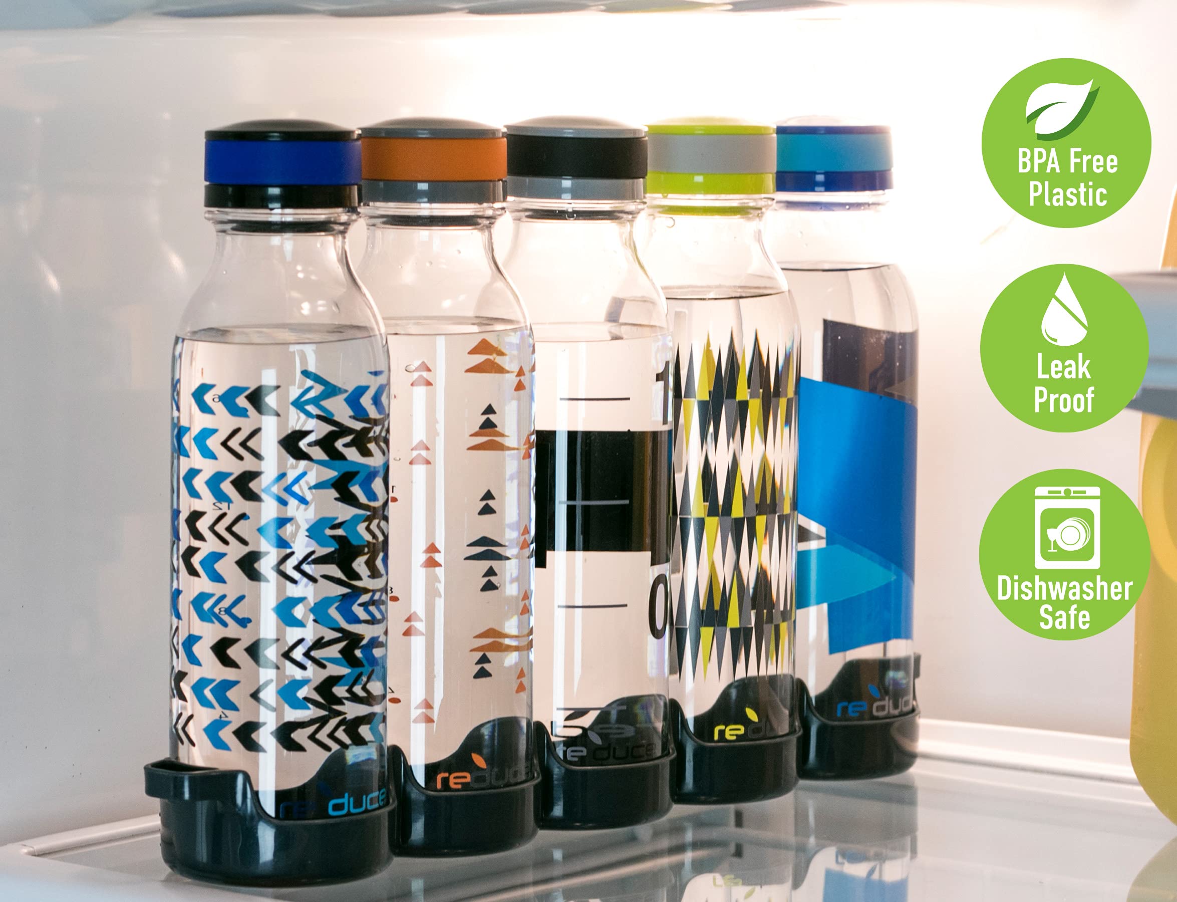 REDUCE WaterWeek 14 oz Refillable Tritan Plastic Water Bottles - 5 Pack Leak Proof BPA-Free Water Bottles with Fridge Storage Tray - Perfect for School, Gym, Office, Travel & Home Use - Reusable Sports Drink Bottles for Kids & Adults
