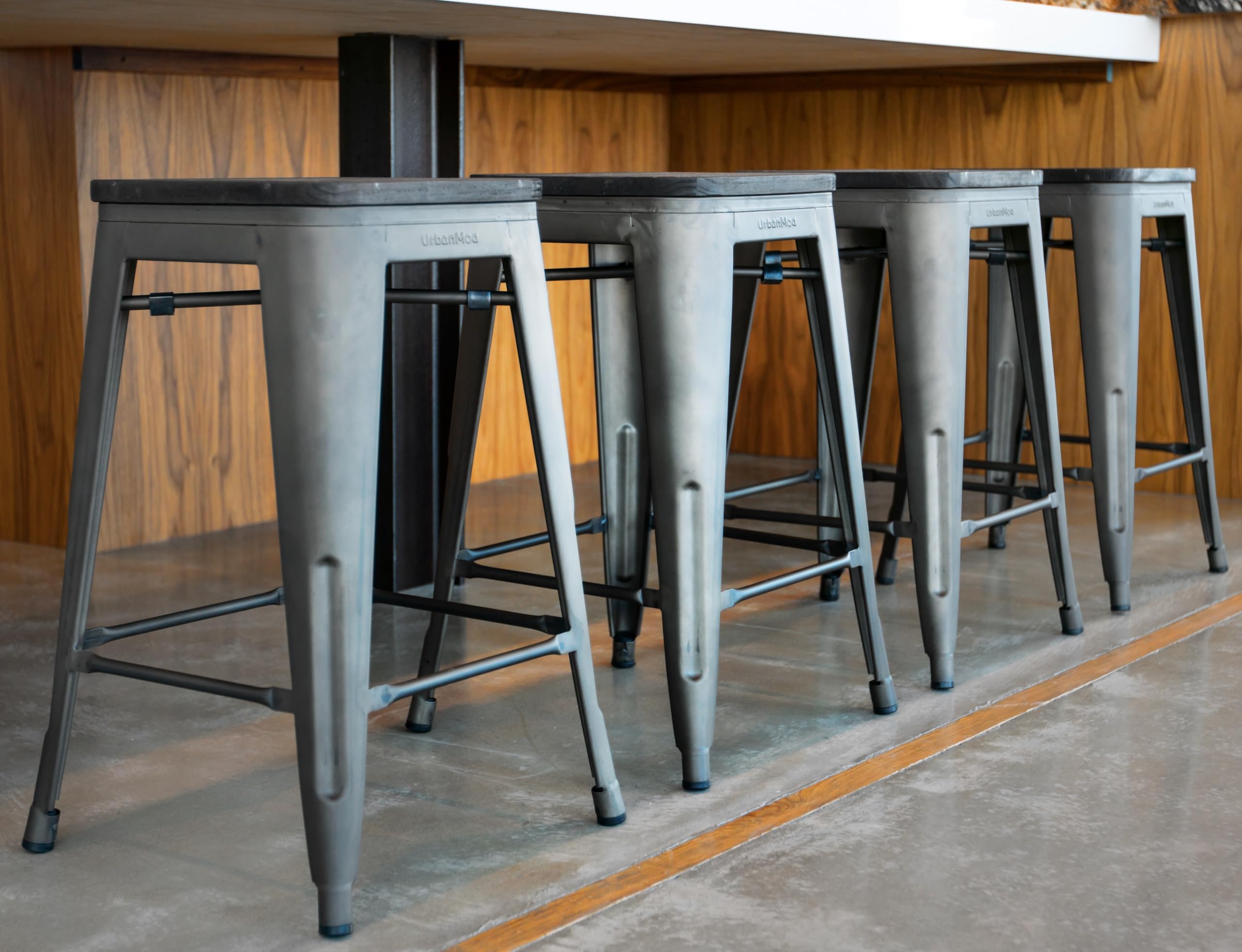 24 Inch Bar Stools for Kitchen Counter Height - Indoor/Outdoor Metal Barstools with Rustic Gunmetal Finish & Wooden Seat - Perfect for Kitchen Islands, Patios, and Home Bars